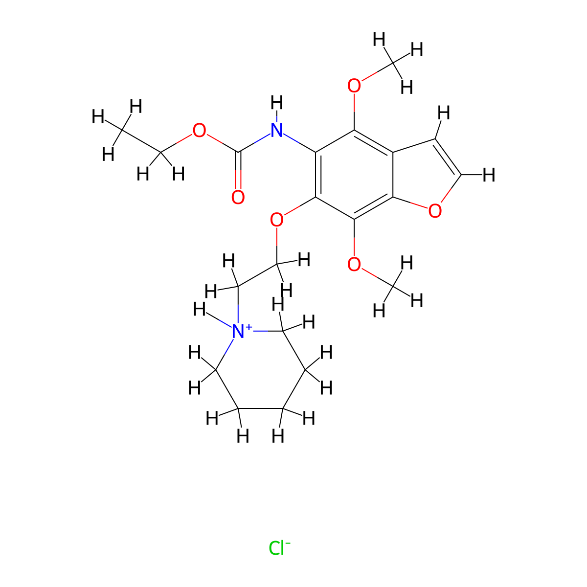 5-Benzofurancarbamic acid, 4,7-dimethoxy-6-(2-piperidinoethoxy)-, ethyl ester, hydrochloride,hydrate molecular structure, CAS 75883-48-6