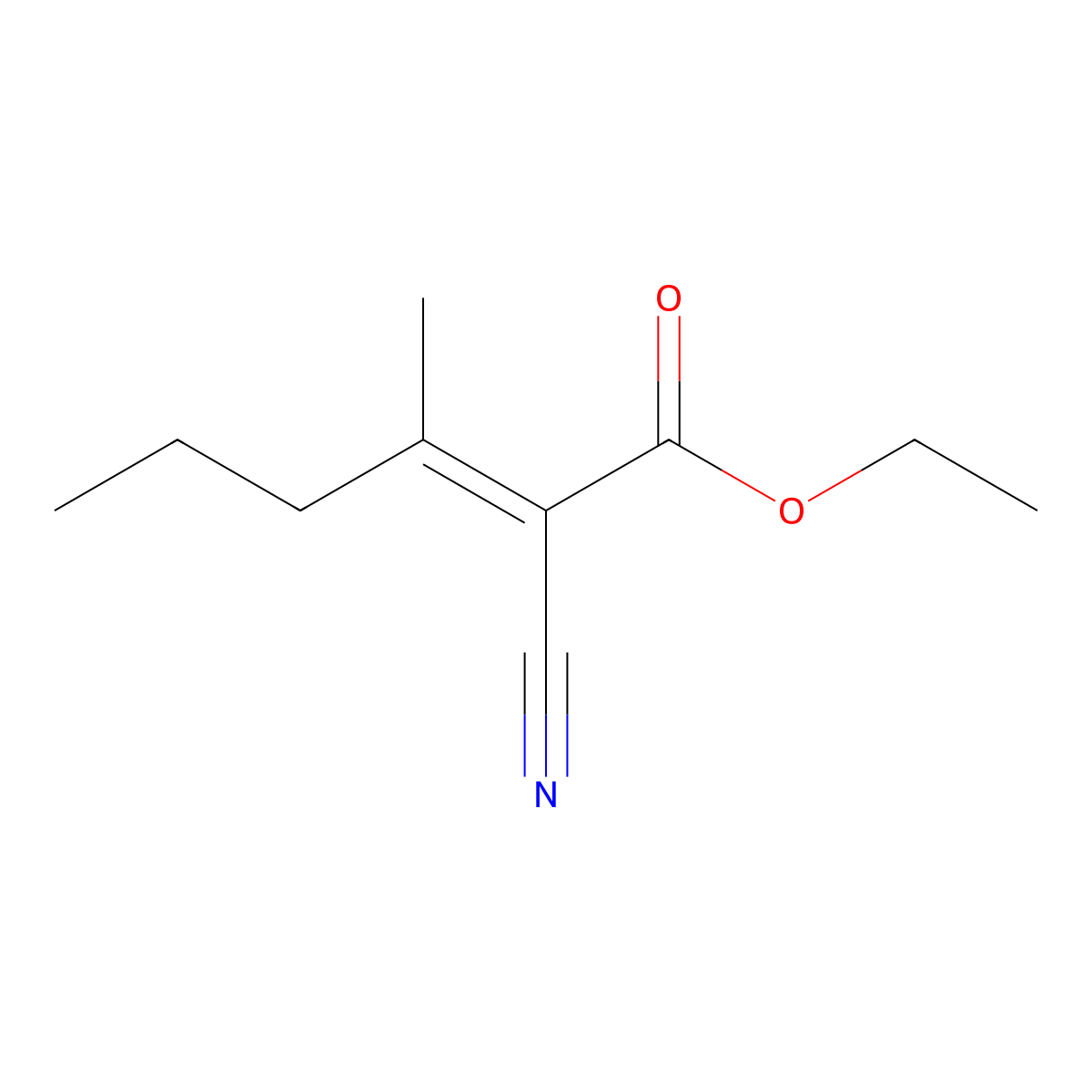 Ethyl 2-cyano-3-methylhex-2-enoate molecular structure, CAS 759-54-6