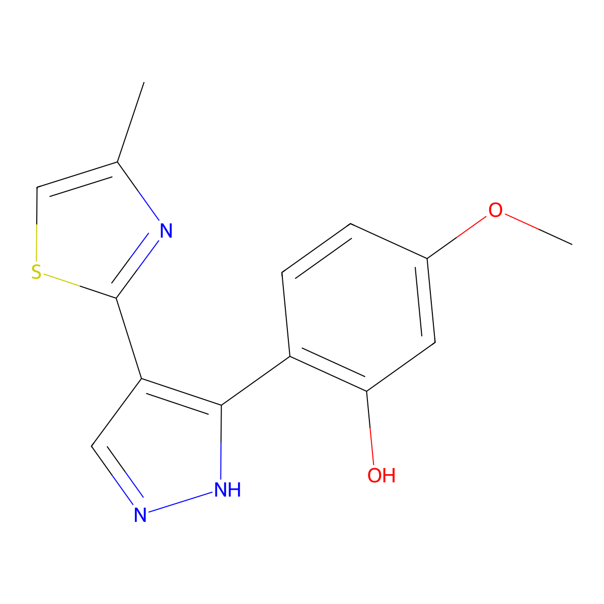 5-methoxy-2-[4-(4-methyl-1,3-thiazol-2-yl)-1H-pyrazol-3-yl]phenol molecular structure, CAS 75908-89-3