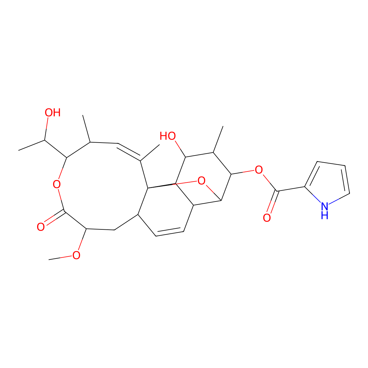 [6-hydroxy-16-(1-hydroxyethyl)-13-methoxy-5,17,19-trimethyl-14-oxo-2,15-dioxatetracyclo[9.8.0.01,7.03,8]nonadeca-9,18-dien-4-yl] 1H-pyrrole-2-carboxylate molecular structure, CAS 75923-01-2
