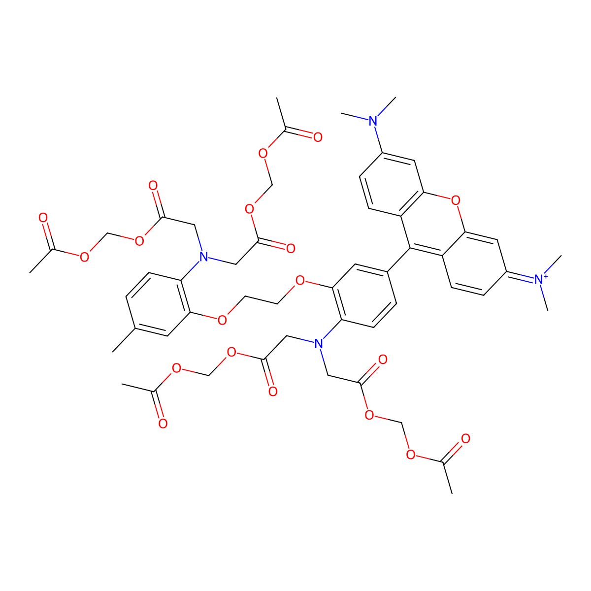 N-[9-(4-{bis[2-(acetoxymethoxy)-2-oxoethyl]amino}-3-[2-(2-{bis[2-(acetoxymethoxy)-2-oxoethyl]amino}-5-methylphenoxy)ethoxy]phenyl)-6-(dimethylamino)-3H-xanthen-3-ylidene]-N-methylmethanaminium molecular structure, CAS 760144-46-5