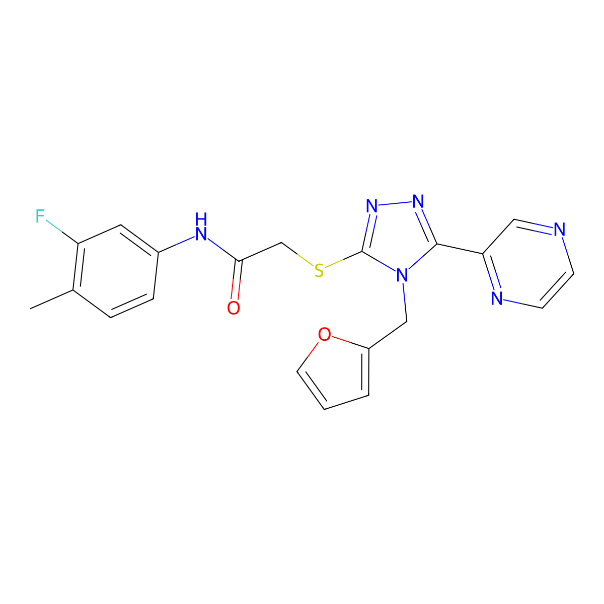 N-(3-fluoro-4-methylphenyl)-2-{[4-(furan-2-ylmethyl)-5-(pyrazin-2-yl)-4H-1,2,4-triazol-3-yl]sulfanyl}acetamide molecular structure, CAS 760180-14-1