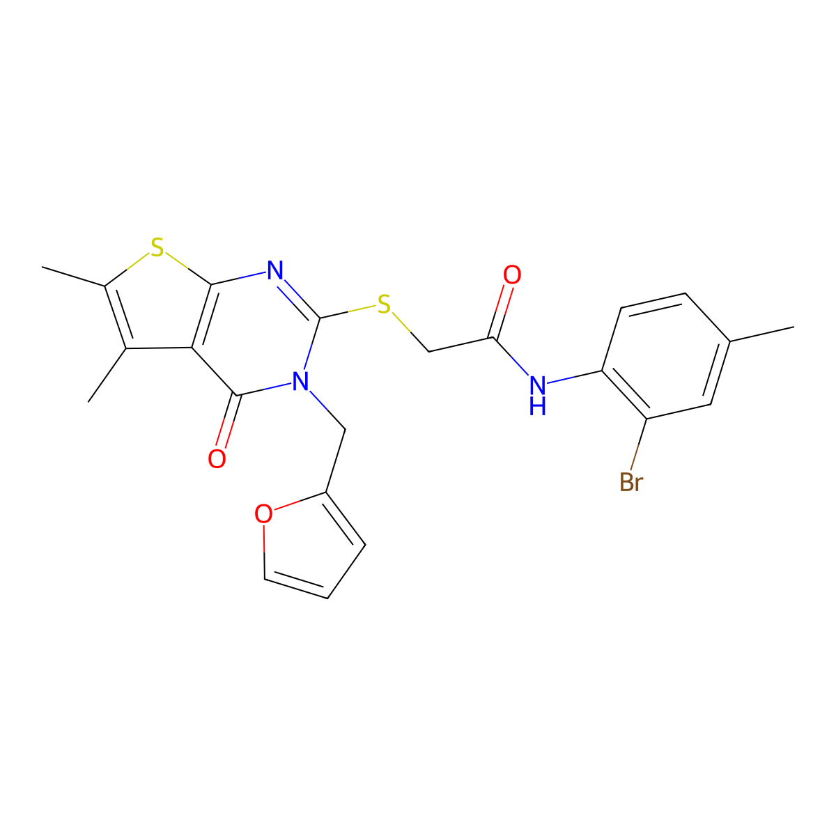 N-(2-bromo-4-methylphenyl)-2-[3-(2-furylmethyl)-5,6-dimethyl-4-oxo(3-hydrothio pheno[2,3-d]pyrimidin-2-ylthio)]acetamide molecular structure, CAS 760184-33-6