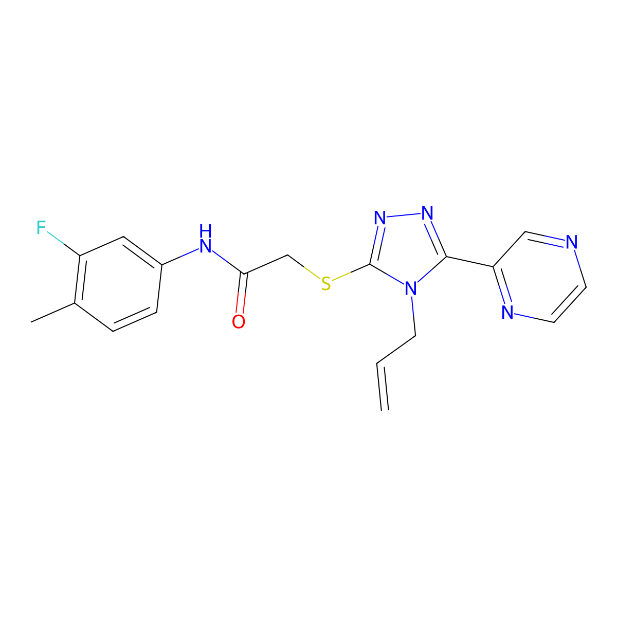 N-(3-fluoro-4-methylphenyl)-2-{[4-(prop-2-en-1-yl)-5-(pyrazin-2-yl)-4H-1,2,4-triazol-3-yl]sulfanyl}acetamide molecular structure, CAS 760184-43-8