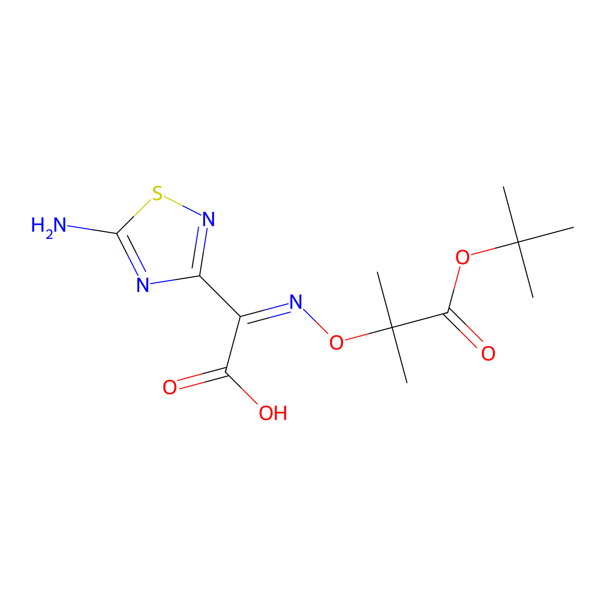 (2Z)-2-(5-amino-1,2,4-thiadiazol-3-yl)-2-(2-methyl-1-((2-methylpropan-2-yl)oxy)-1-oxopropan-2-yl)oxyiminoacetic acid molecular structure, CAS 76028-96-1