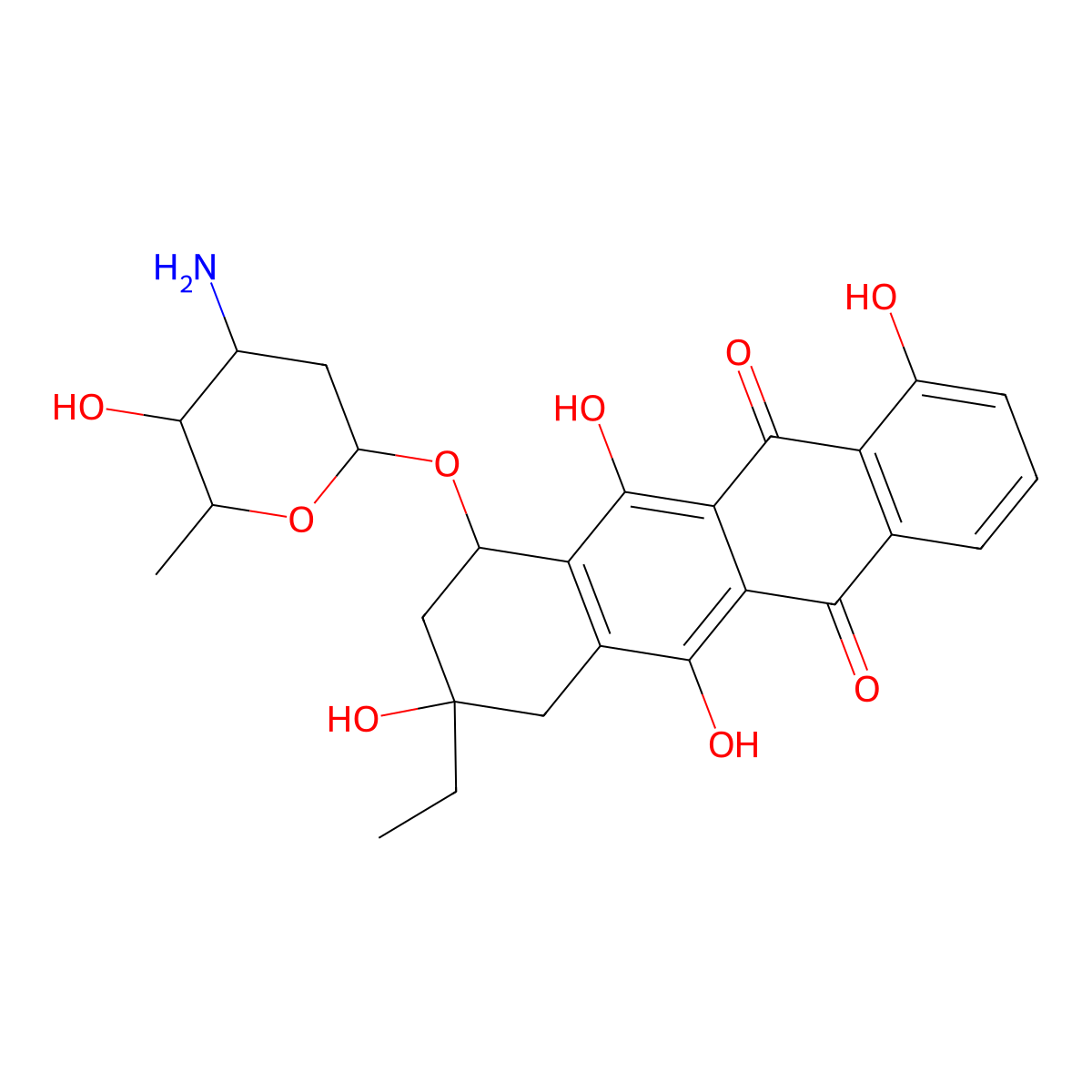 (8S,10S)-10-((3-Amino-2,3,6-trideoxy-alpha-L-lyxo-hexopyranosyl)oxy)-8-ethyl-7,8,9,10-tetrahydro-1,6,8,11-tetrahydroxy-5,12-naphthacenedione molecular structure, CAS 76034-18-9