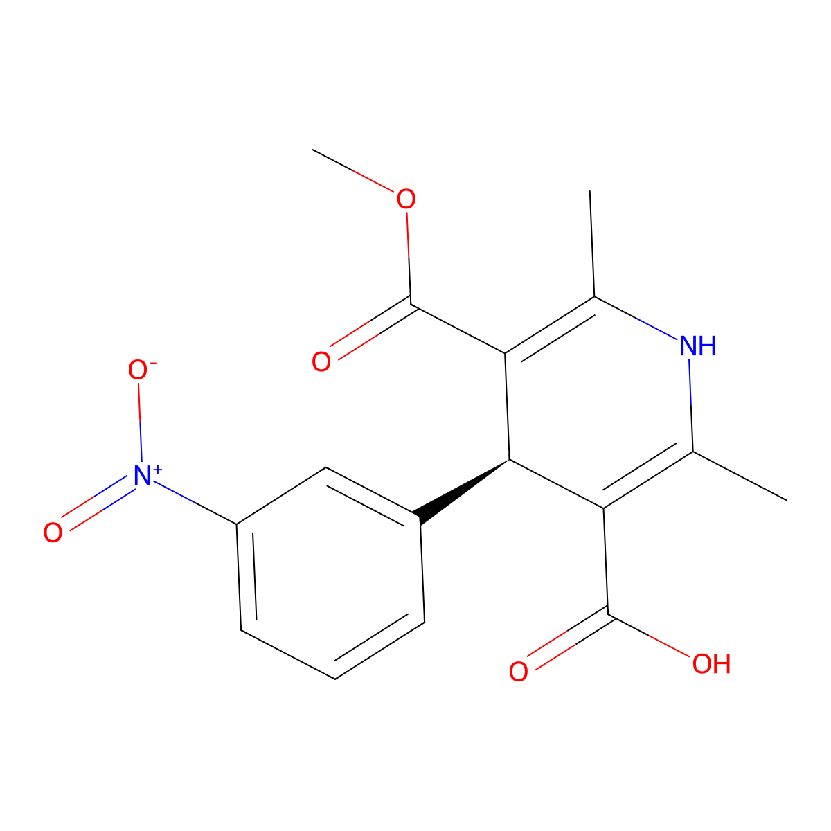 (4R)-5-(Methoxycarbonyl)-2,6-dimethyl-4-(3-nitrophenyl)-1,4-dihydropyridine-3-carboxylic acid molecular structure, CAS 76093-33-9