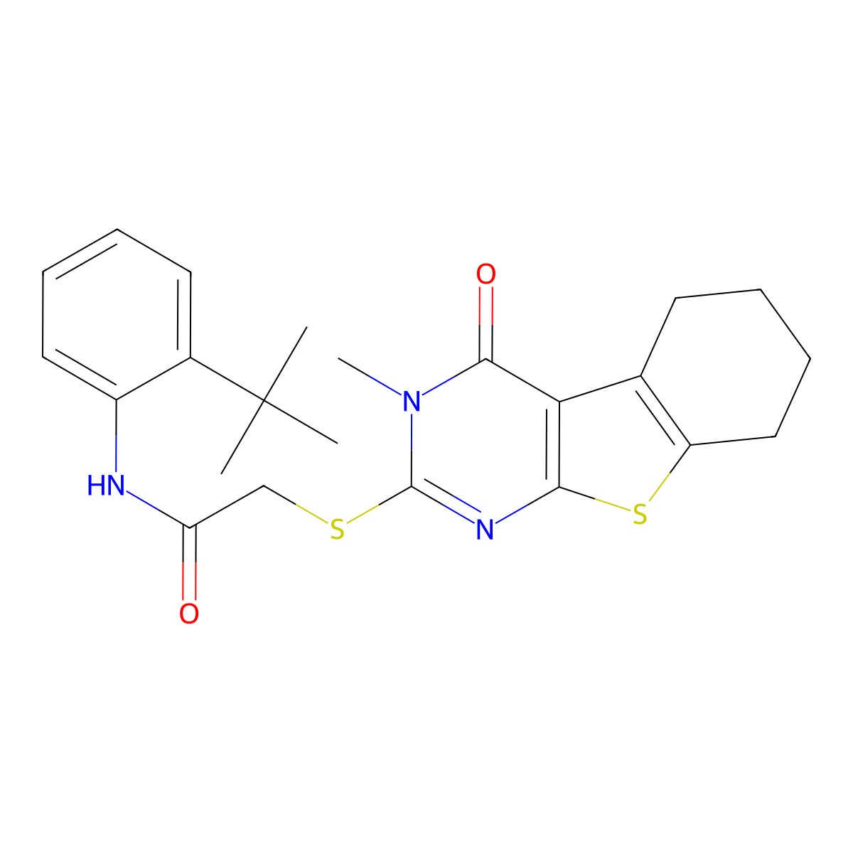 N-[2-(tert-butyl)phenyl]-2-(3-methyl-4-oxo(3,5,6,7,8-pentahydrobenzo[b]thiophe no[2,3-d]pyrimidin-2-ylthio))acetamide molecular structure, CAS 760950-78-5