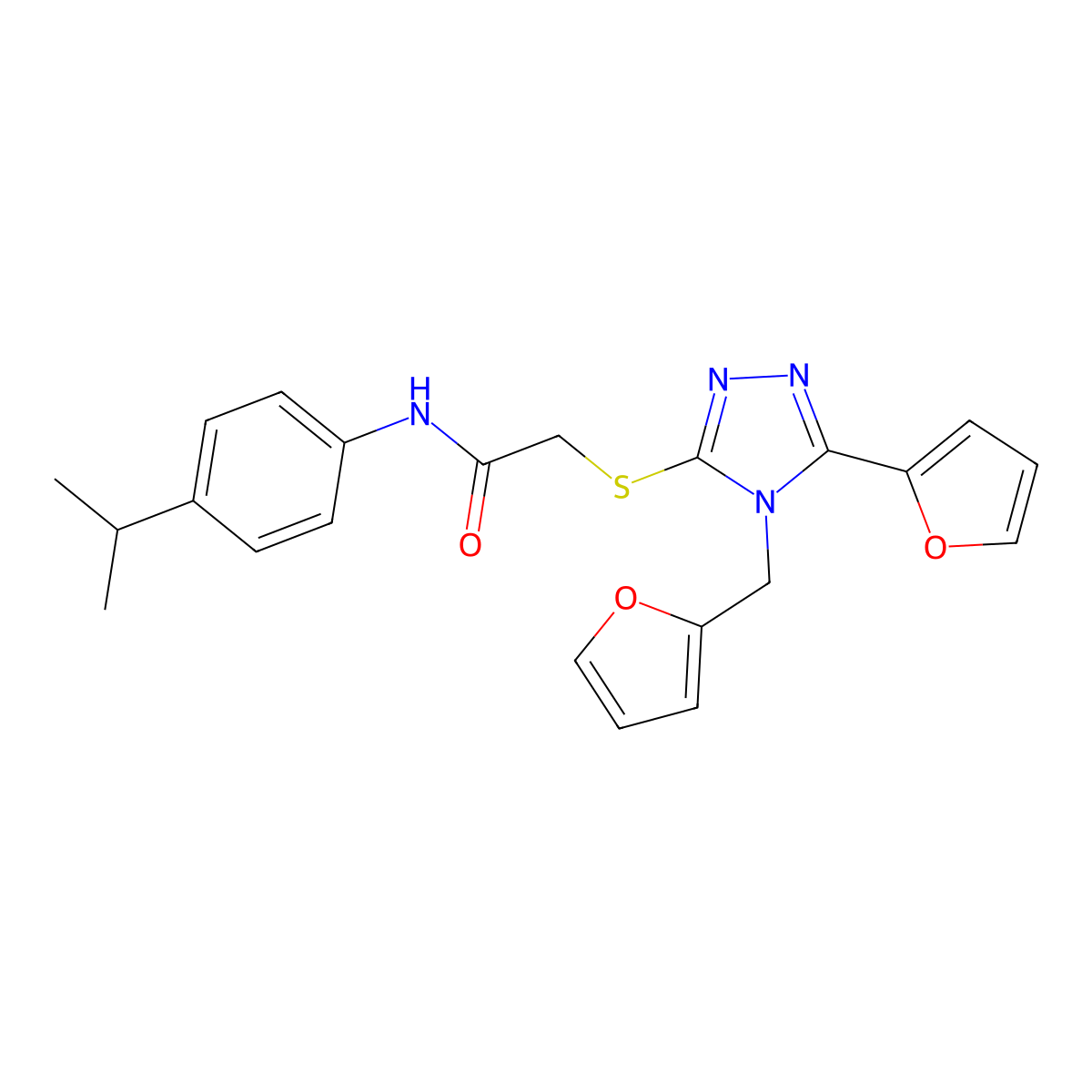 2-{[5-(furan-2-yl)-4-(furan-2-ylmethyl)-4H-1,2,4-triazol-3-yl]sulfanyl}-N-[4-(propan-2-yl)phenyl]acetamide molecular structure, CAS 760951-00-6
