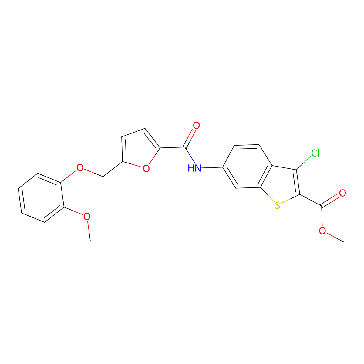 Methyl 3-chloro-6-[({5-[(2-methoxyphenoxy)methyl]furan-2-yl}carbonyl)amino]-1-benzothiophene-2-carboxylate molecular structure, CAS 760960-80-3