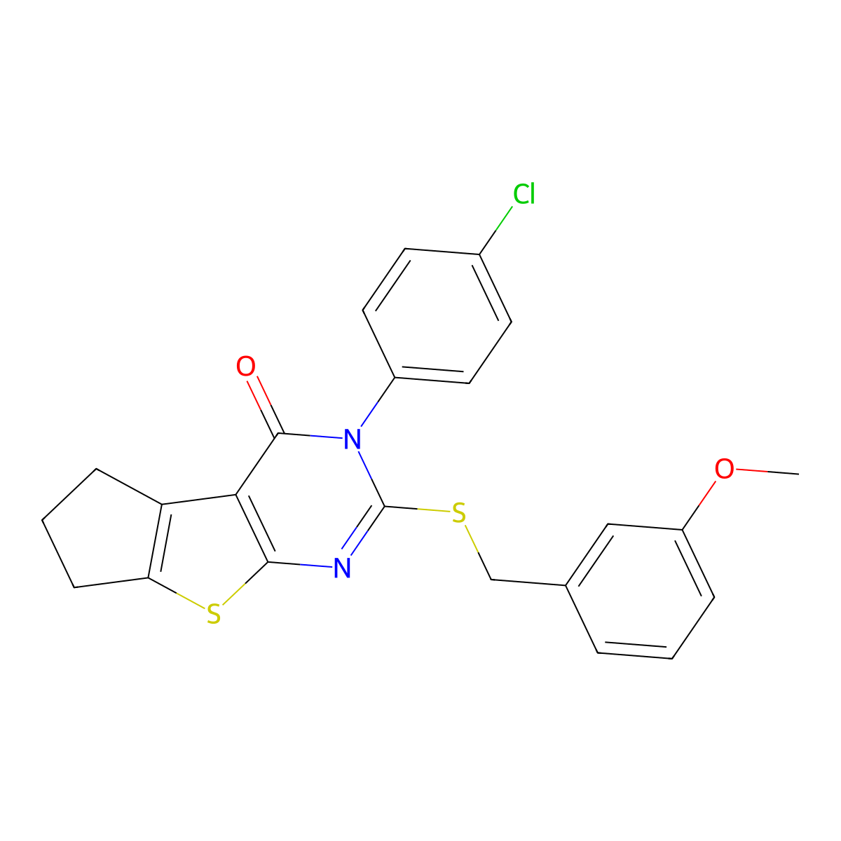 3-(4-chlorophenyl)-2-[(3-methoxybenzyl)sulfanyl]-3,5,6,7-tetrahydro-4H-cyclopenta[4,5]thieno[2,3-d]pyrimidin-4-one molecular structure, CAS 760962-95-6
