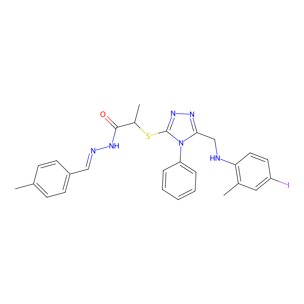 2-[[5-[[(4-Iodo-2-methylphenyl)amino]methyl]-4-phenyl-4H-1,2,4-triazol-3-yl]thio]propanoic acid 2-[(4-methylphenyl)methylene]hydrazide molecular structure, CAS 761402-60-2