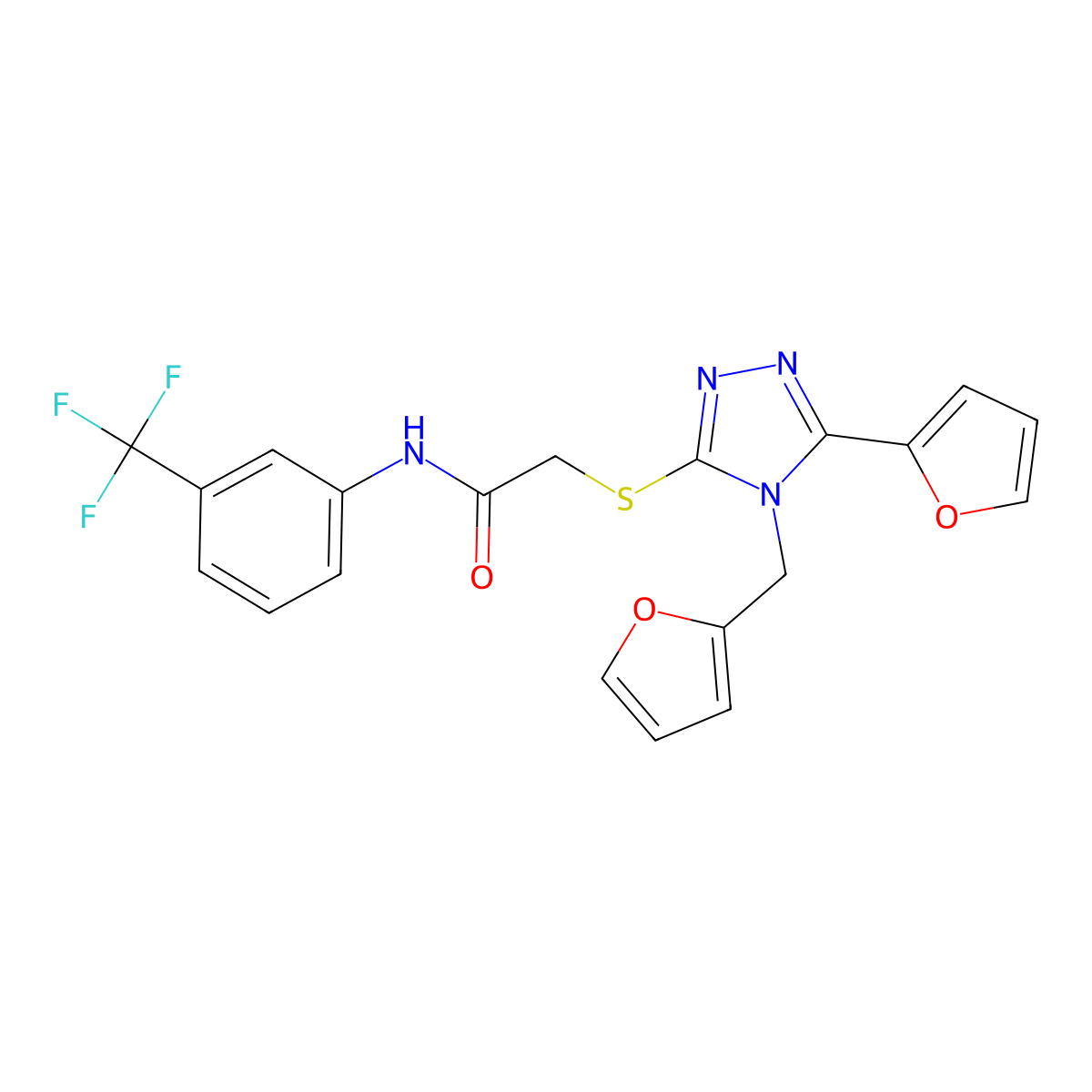 2-{[5-(furan-2-yl)-4-(furan-2-ylmethyl)-4H-1,2,4-triazol-3-yl]sulfanyl}-N-[3-(trifluoromethyl)phenyl]acetamide molecular structure, CAS 761402-71-5