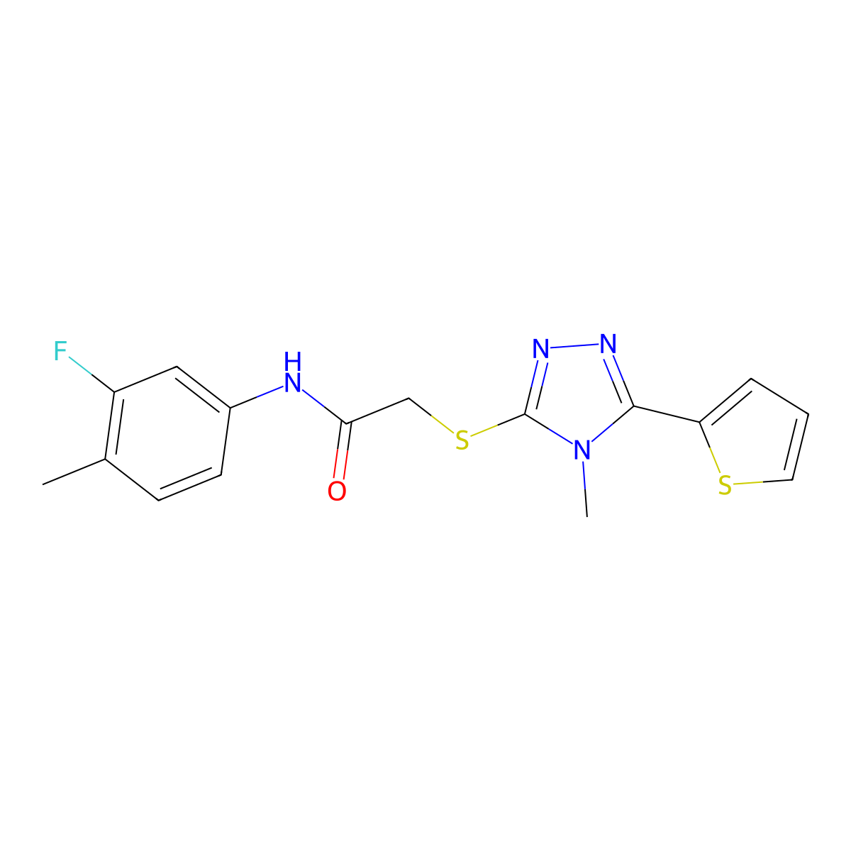 N-(3-fluoro-4-methylphenyl)-2-{[4-methyl-5-(thiophen-2-yl)-4H-1,2,4-triazol-3-yl]sulfanyl}acetamide molecular structure, CAS 761409-42-1