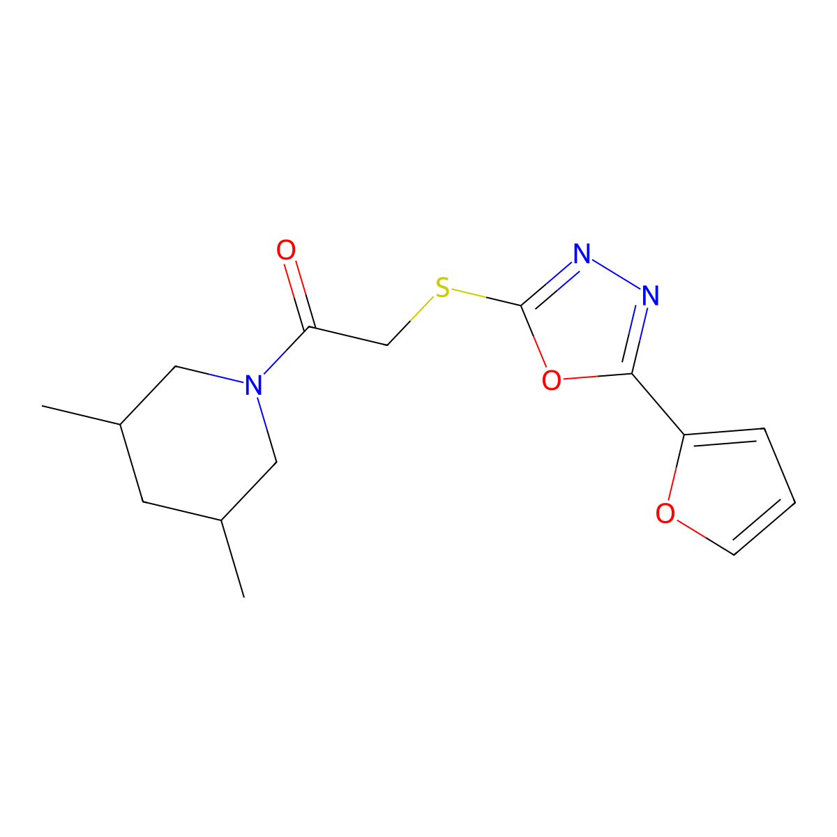1-(3,5-Dimethylpiperidin-1-yl)-2-[[5-(furan-2-yl)-1,3,4-oxadiazol-2-yl]sulfanyl]ethanone molecular structure, CAS 761419-02-7