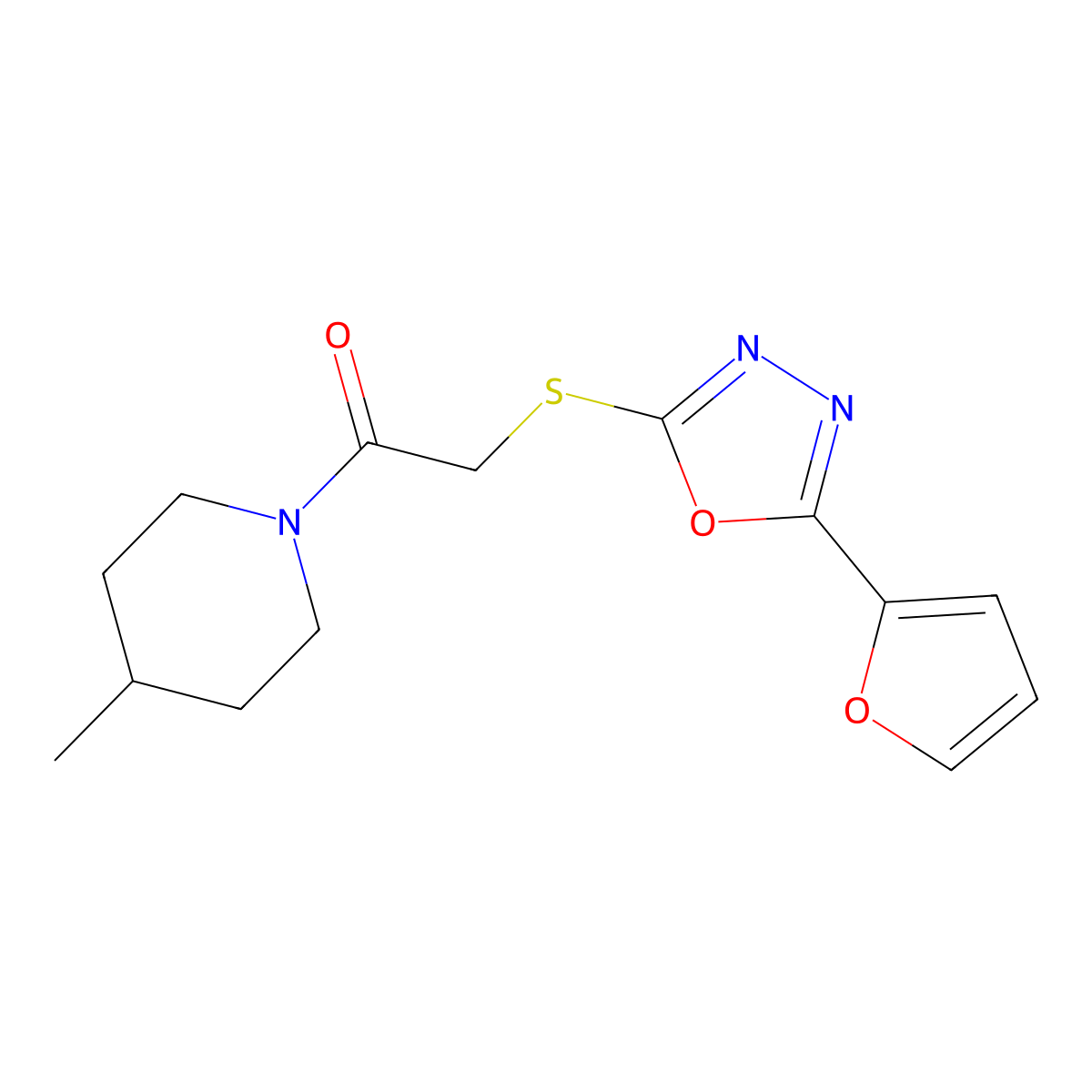2-[[5-(Furan-2-yl)-1,3,4-oxadiazol-2-yl]sulfanyl]-1-(4-methylpiperidin-1-yl)ethanone molecular structure, CAS 761422-06-4