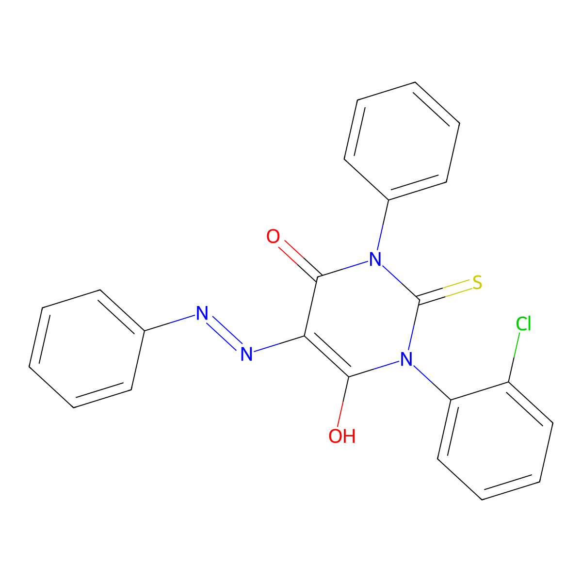 1-(2-Chlorophenyl)-6-hydroxy-3-phenyl-5-phenyldiazenyl-2-sulfanylidenepyrimidin-4-one molecular structure, CAS 76153-07-6