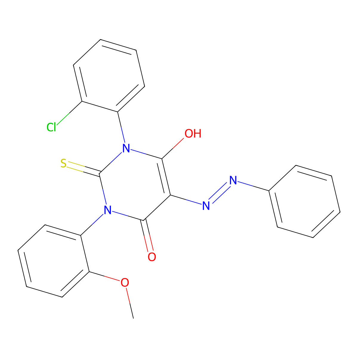 1-(2-Chlorophenyl)-6-hydroxy-3-(2-methoxyphenyl)-5-phenyldiazenyl-2-sulfanylidenepyrimidin-4-one molecular structure, CAS 76153-11-2