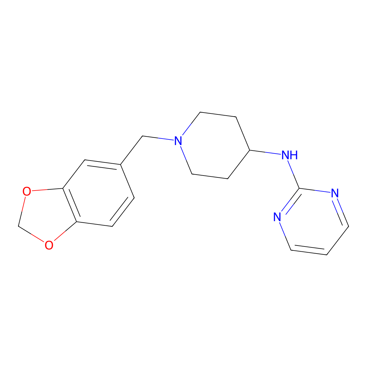 1,3-Benzodioxole, 5-(4-((2-pyrimidinyl)amino)piperidinomethyl)- molecular structure, CAS 76167-77-6