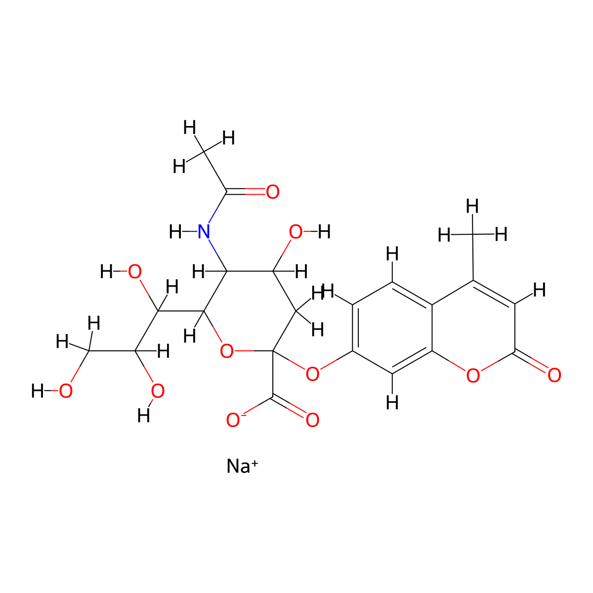 Sodium 5-acetamido-4-hydroxy-2-(4-methyl-2-oxochromen-7-yl)oxy-6-(1,2,3-trihydroxypropyl)oxane-2-carboxylate molecular structure, CAS 76204-02-9
