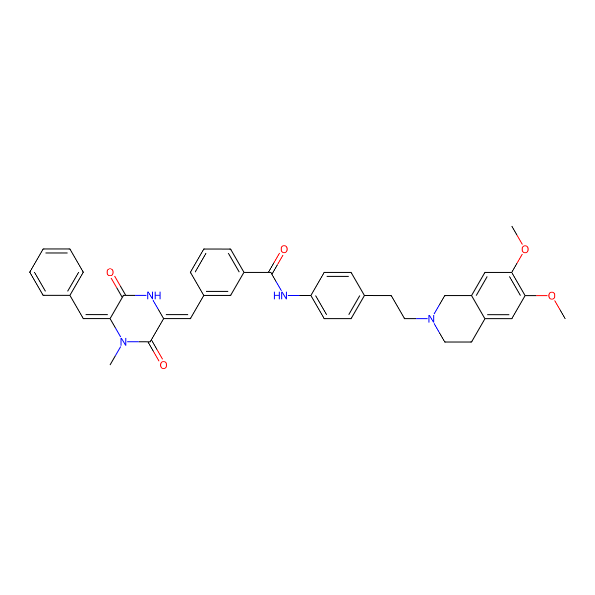 3-[(Z)-[(5Z)-5-benzylidene-4-methyl-3,6-dioxopiperazin-2-ylidene]methyl]-N-[4-[2-(6,7-dimethoxy-3,4-dihydro-1H-isoquinolin-2-yl)ethyl]phenyl]benzamide molecular structure, CAS 762219-35-2