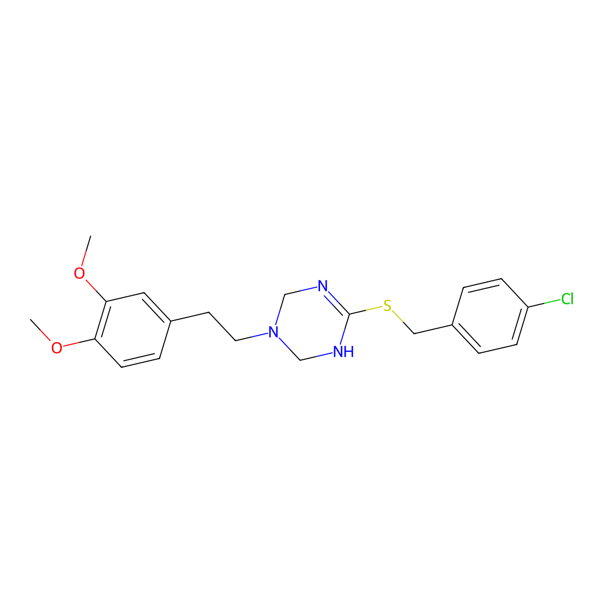 1-(3,4-Dimethoxyphenethyl)-4-(4-chlorobenzylthio)-1,2,3,6-tetrahydro-1,3,5-triazine molecular structure, CAS 762239-61-2