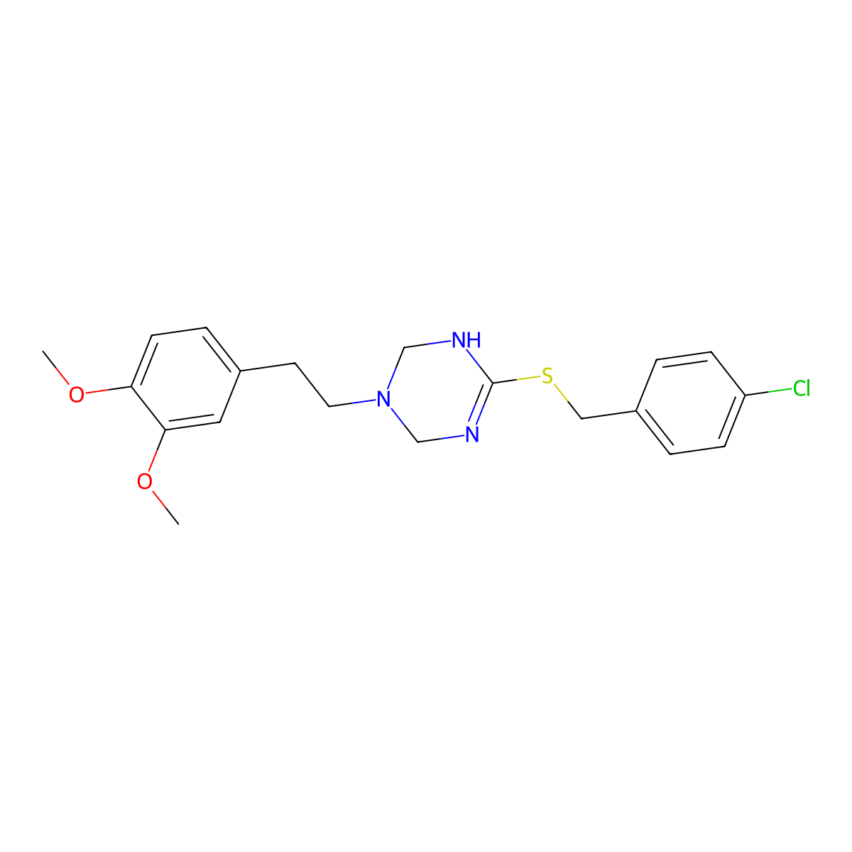 1-(3,4-Dimethoxyphenethyl)-4-(4-chlorobenzylthio)-1,2,3,6-tetrahydro-1,3,5-triazine molecular structure, CAS 762239-61-2