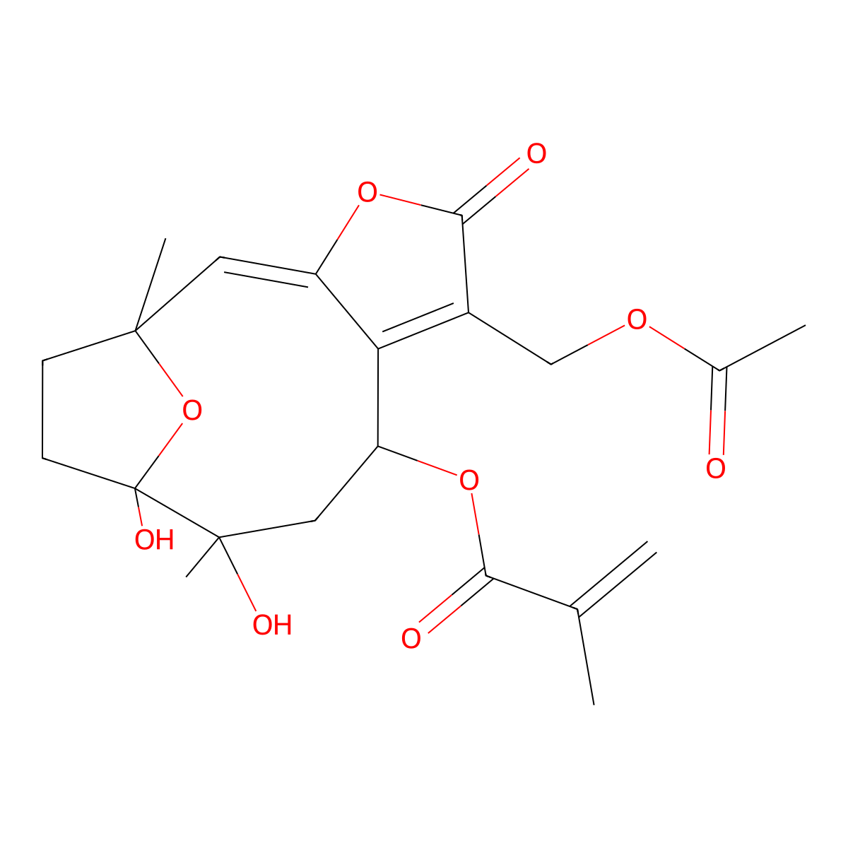 [6-(Acetyloxymethyl)-10,11-dihydroxy-1,10-dimethyl-5-oxo-4,14-dioxatricyclo[9.2.1.03,7]tetradeca-2,6-dien-8-yl] 2-methylprop-2-enoate molecular structure, CAS 76248-63-0