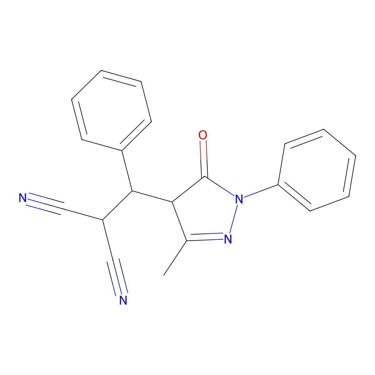 2-[(3-methyl-5-oxo-1-phenyl-4H-pyrazol-4-yl)-phenylmethyl]propanedinitrile molecular structure, CAS 76281-02-2