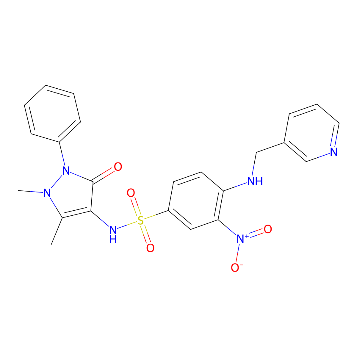 N-(1,5-dimethyl-3-oxo-2-phenyl-2,3-dihydro-1H-pyrazol-4-yl)-3-nitro-4-{[(pyridin-3-yl)methyl]amino}benzene-1-sulfonamide molecular structure, CAS 763090-97-7