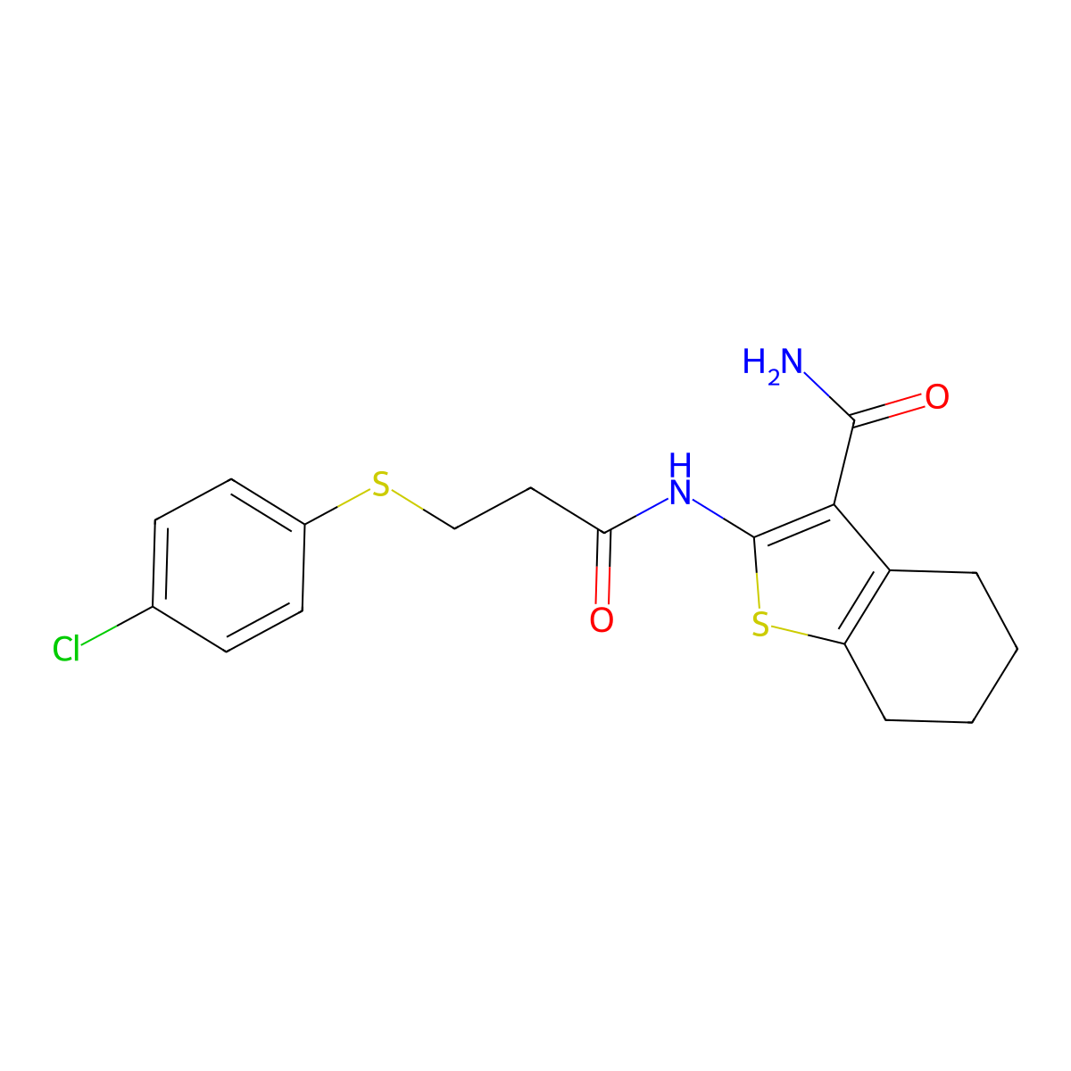 2-(3-((4-Chlorophenyl)thio)propanamido)-4,5,6,7-tetrahydrobenzo[b]thiophene-3-carboxamide molecular structure, CAS 763097-83-2