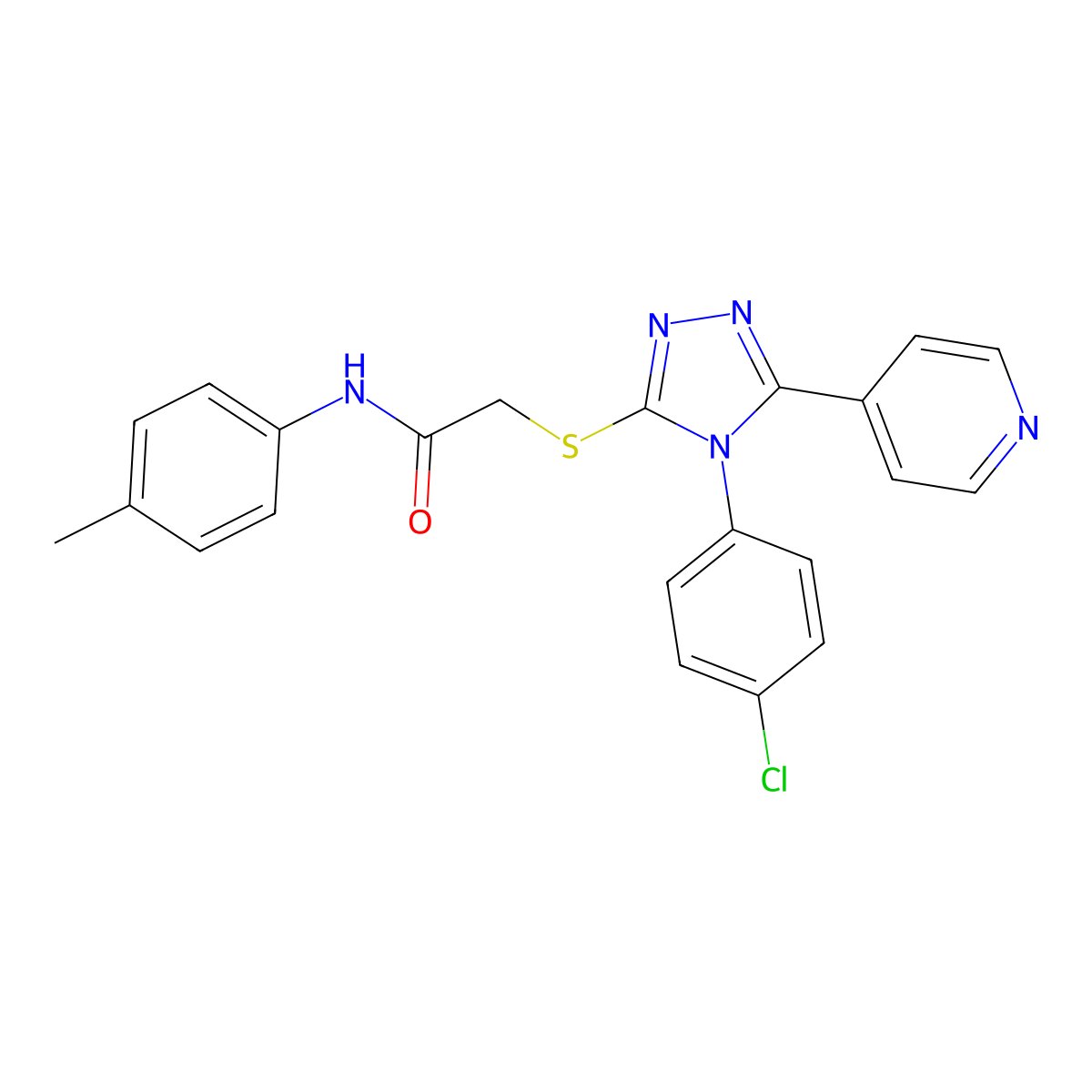 2-((4-(4-CL-PH)-5-(4-Pyridinyl)-4H-1,2,4-triazol-3-YL)thio)-N-(4-ME-PH)acetamide molecular structure, CAS 763106-32-7
