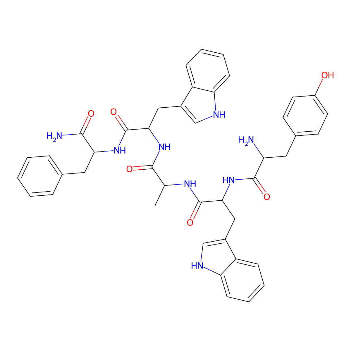 (2S)-2-amino-N-[(2R)-1-[[(2S)-1-[[(2S)-1-[[(2R)-1-amino-1-oxo-3-phenylpropan-2-yl]amino]-3-(1H-indol-3-yl)-1-oxopropan-2-yl]amino]-1-oxopropan-2-yl]amino]-3-(1H-indol-3-yl)-1-oxopropan-2-yl]-3-(4-hydroxyphenyl)propanamide molecular structure, CAS 76338-79-9