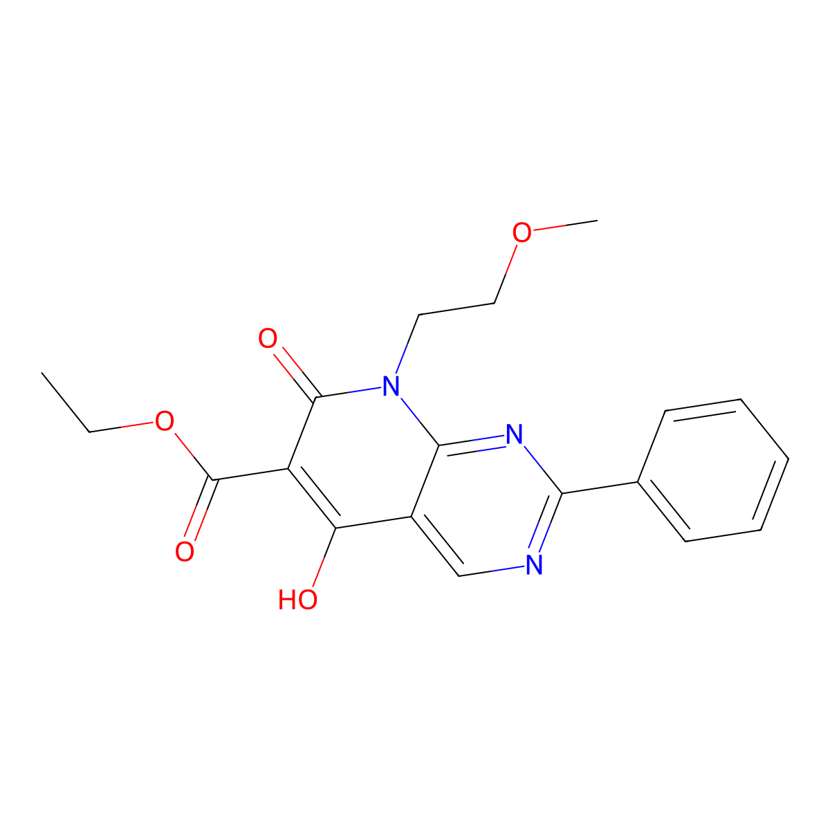 Ethyl 5-hydroxy-8-(2-methoxyethyl)-7-oxo-2-phenyl-7,8-dihydropyrido[2,3-d]pyrimidine-6-carboxylate molecular structure, CAS 76360-60-6