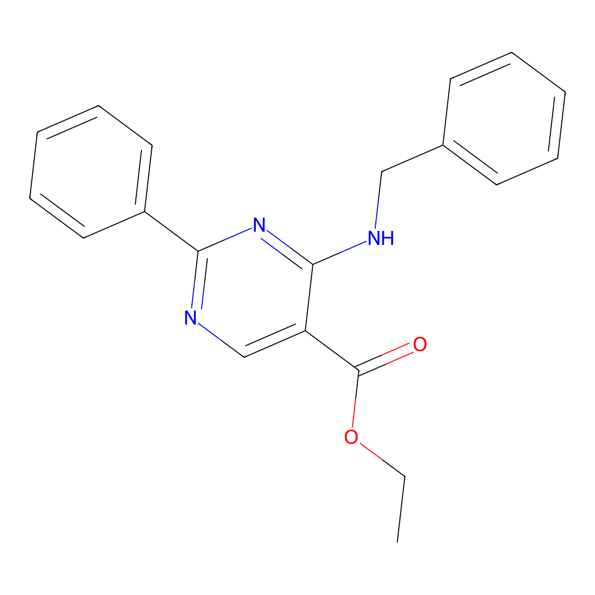 Ethyl 2-phenyl-4-((phenylmethyl)amino)-5-pyrimidinecarboxylate molecular structure, CAS 76360-67-3
