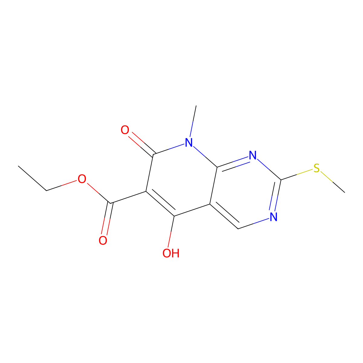 Ethyl 5-hydroxy-8-methyl-2-(methylthio)-7-oxo-7,8-dihydropyrido[2,3-d]pyrimidine-6-carboxylate molecular structure, CAS 76360-81-1