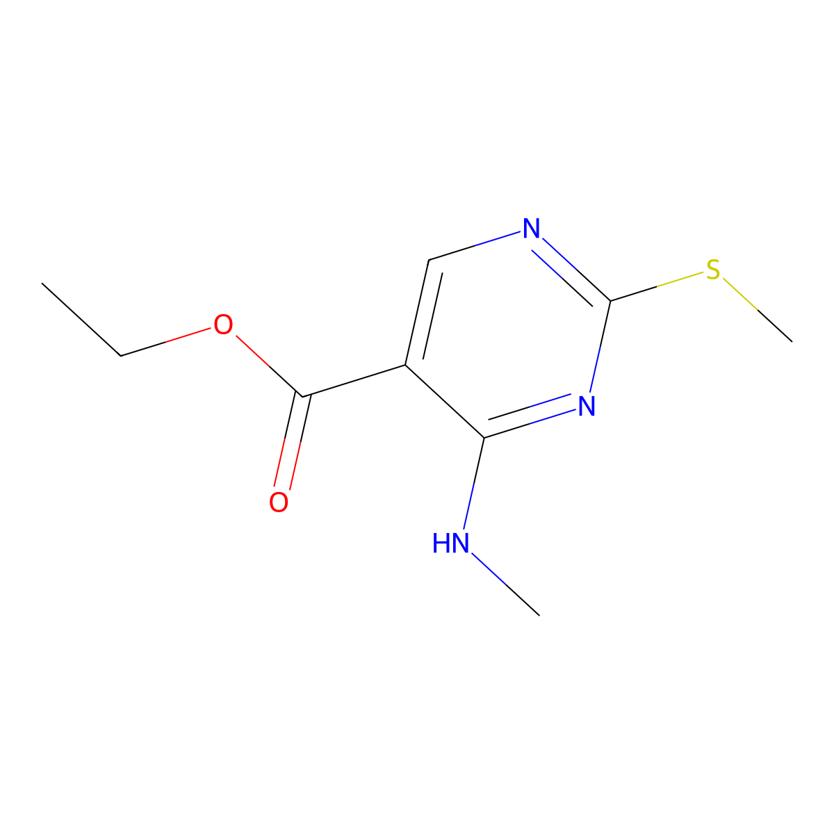 Ethyl 4-(methylamino)-2-(methylsulfanyl)pyrimidine-5-carboxylate molecular structure, CAS 76360-82-2