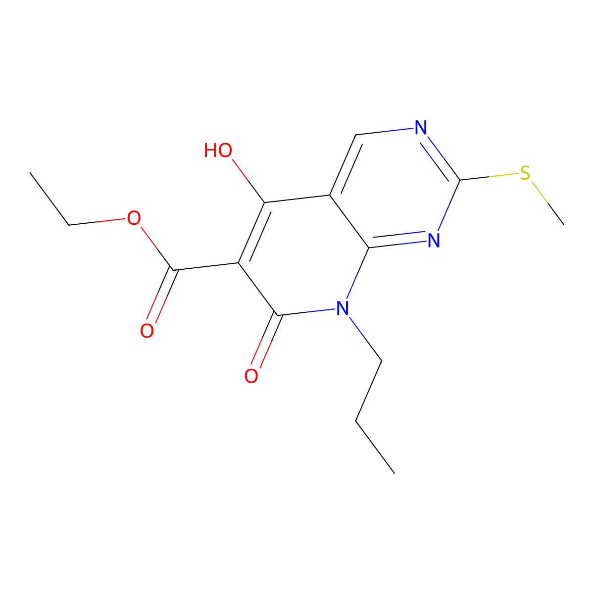 Ethyl 5-hydroxy-2-(methylthio)-7-oxo-8-propyl-7,8-dihydropyrido[2,3-d]pyrimidine-6-carboxylate molecular structure, CAS 76360-85-5