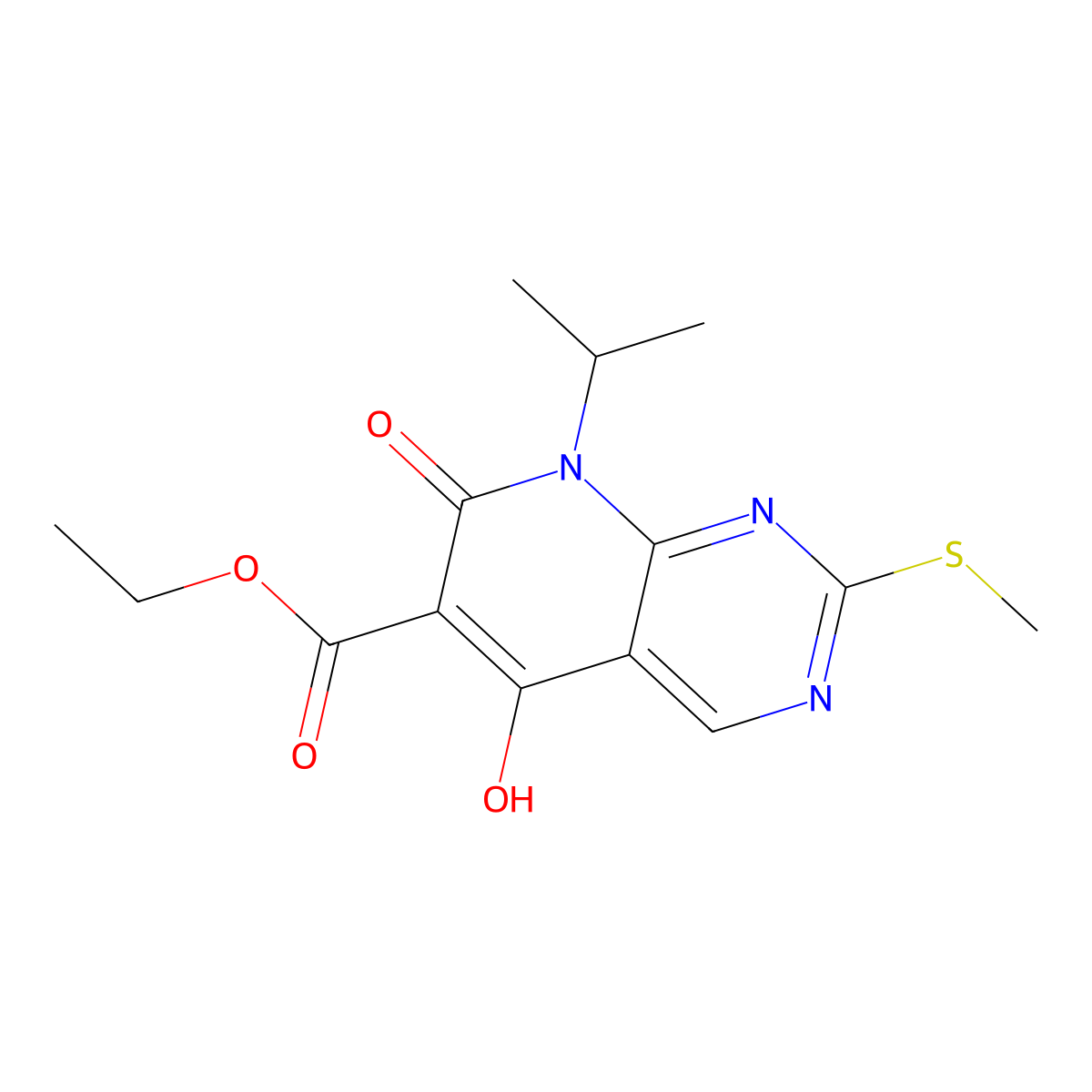 Ethyl 5-hydroxy-8-isopropyl-2-(methylthio)-7-oxo-7,8-dihydropyrido[2,3-d]pyrimidine-6-carboxylate molecular structure, CAS 76360-86-6