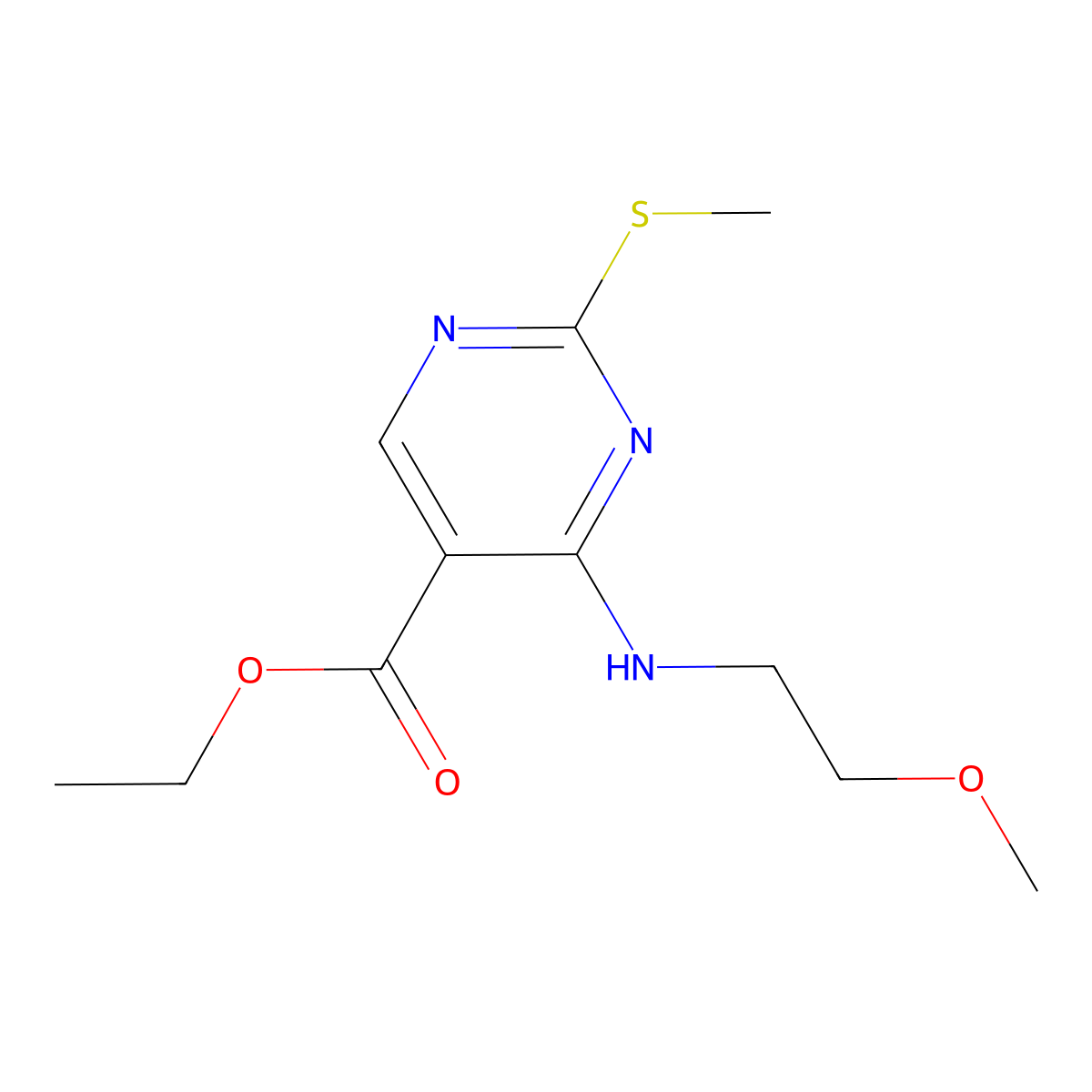 Ethyl 4-[(2-methoxyethyl)amino]-2-(methylsulfanyl)-5-pyrimidinecarboxylate molecular structure, CAS 76360-91-3