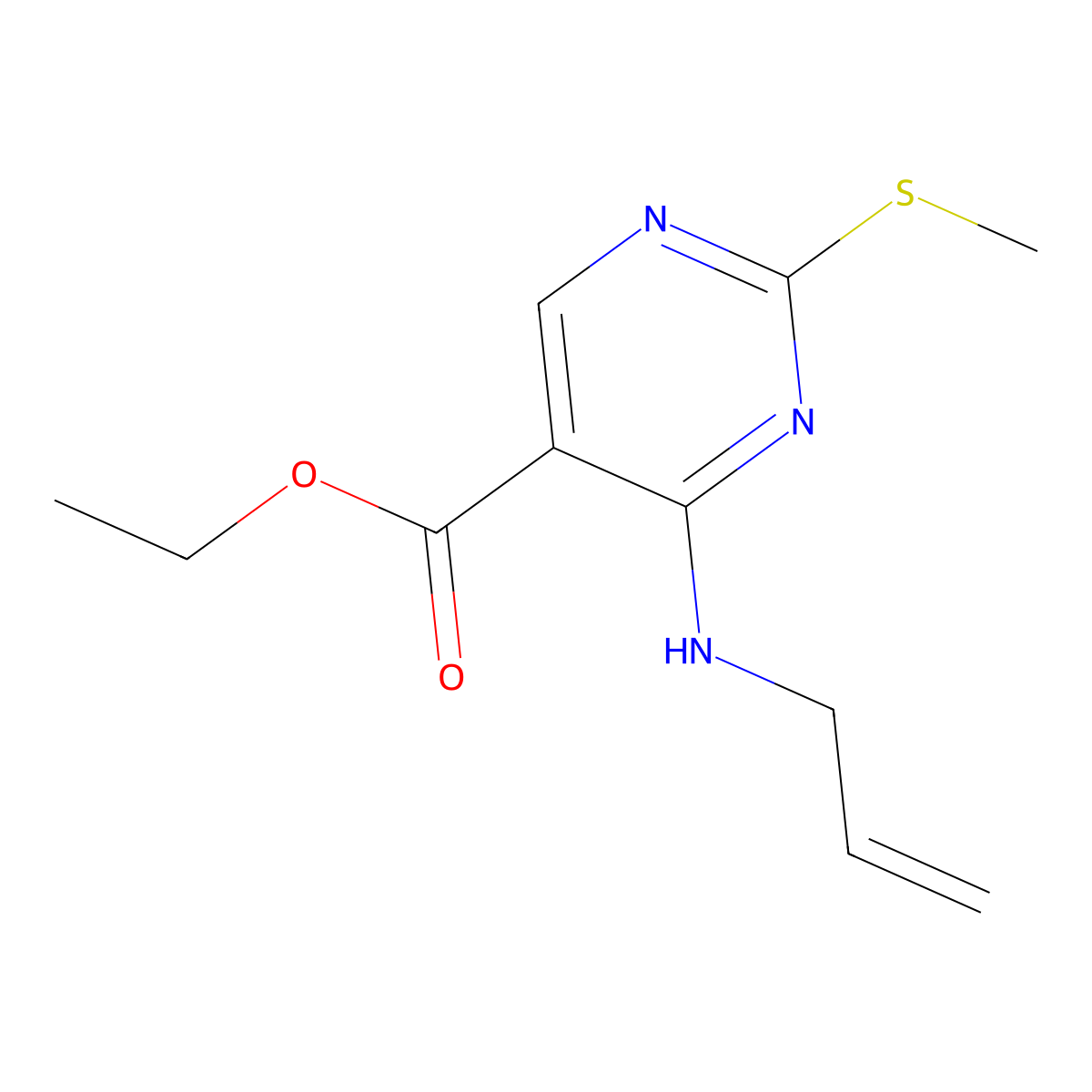 Ethyl 2-methylsulfanyl-4-(prop-2-enylamino)pyrimidine-5-carboxylate molecular structure, CAS 76360-95-7