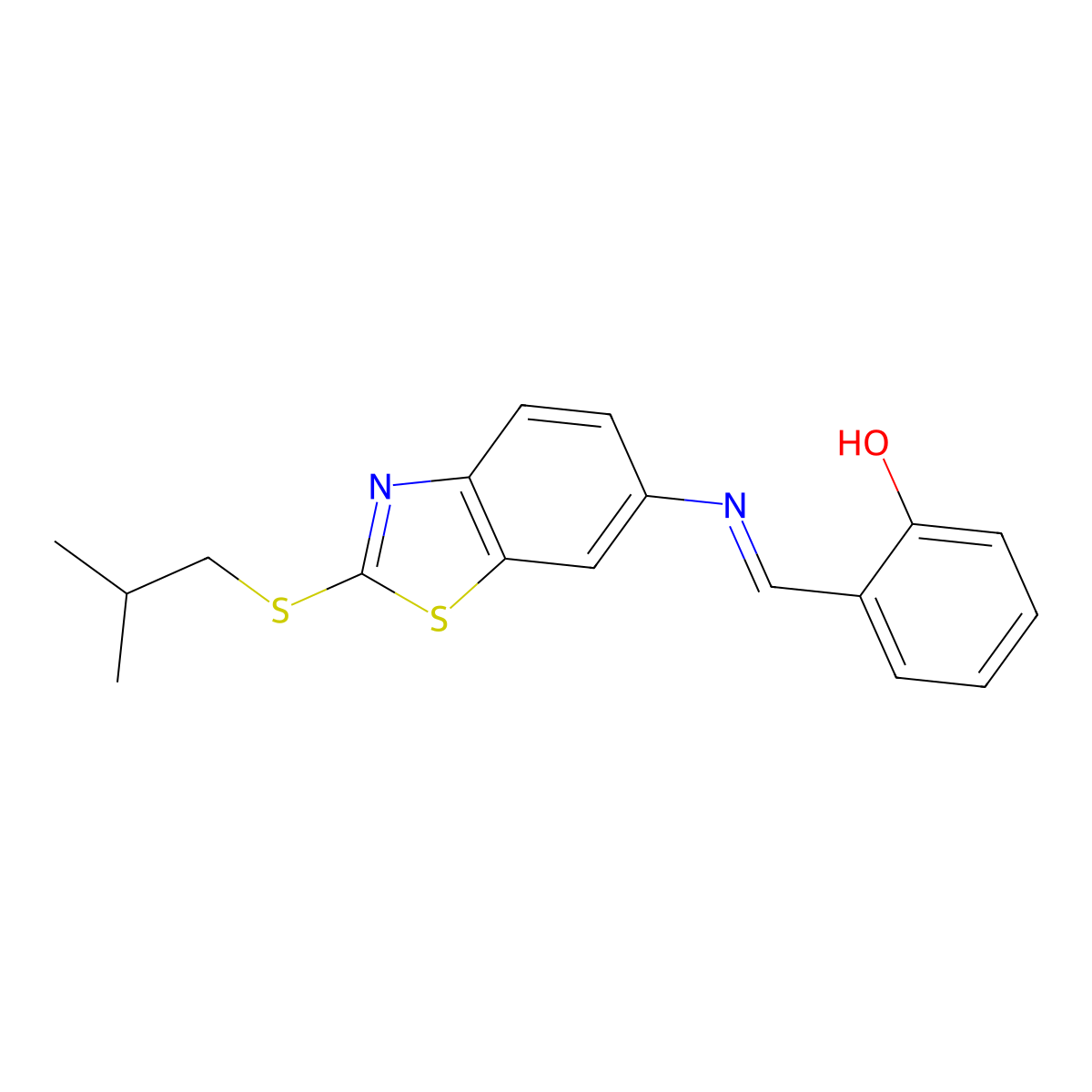 2-[(2-Isobutylsulfanyl-benzothiazol-6-ylimino)-methyl]-phenol molecular structure, CAS 76383-13-6