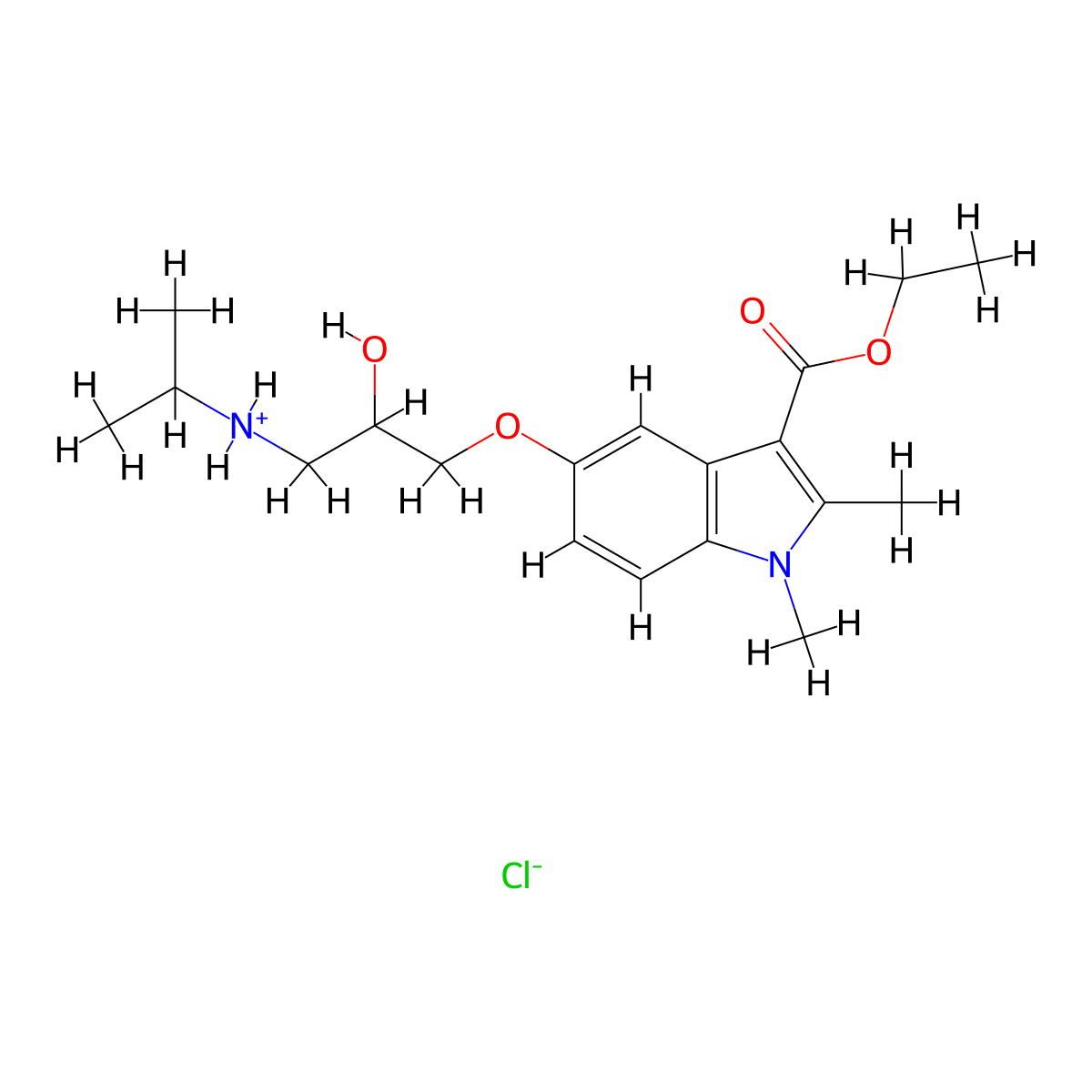 1H-Indole-3-carboxylic acid, 1,2-dimethyl-5-(2-hydroxy-3-(isopropylamino)propoxy)-, ethyl ester, monohydrochloride molecular structure, CAS 76410-19-0