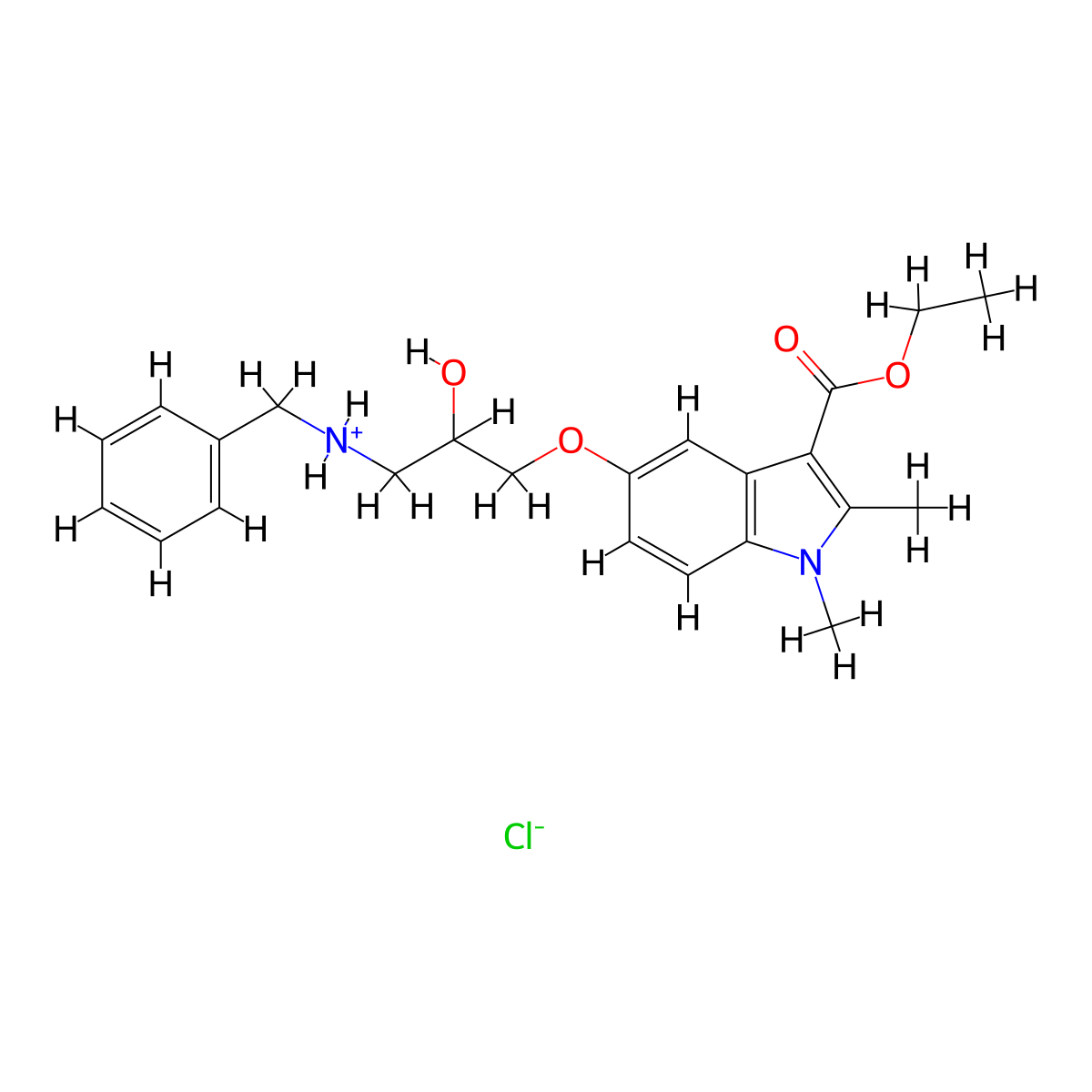 1H-Indole-3-carboxylic acid, 1,2-dimethyl-5-(2-hydroxy-3-(benzylamino)propoxy)-, ethyl ester, monohydrochloride molecular structure, CAS 76410-20-3