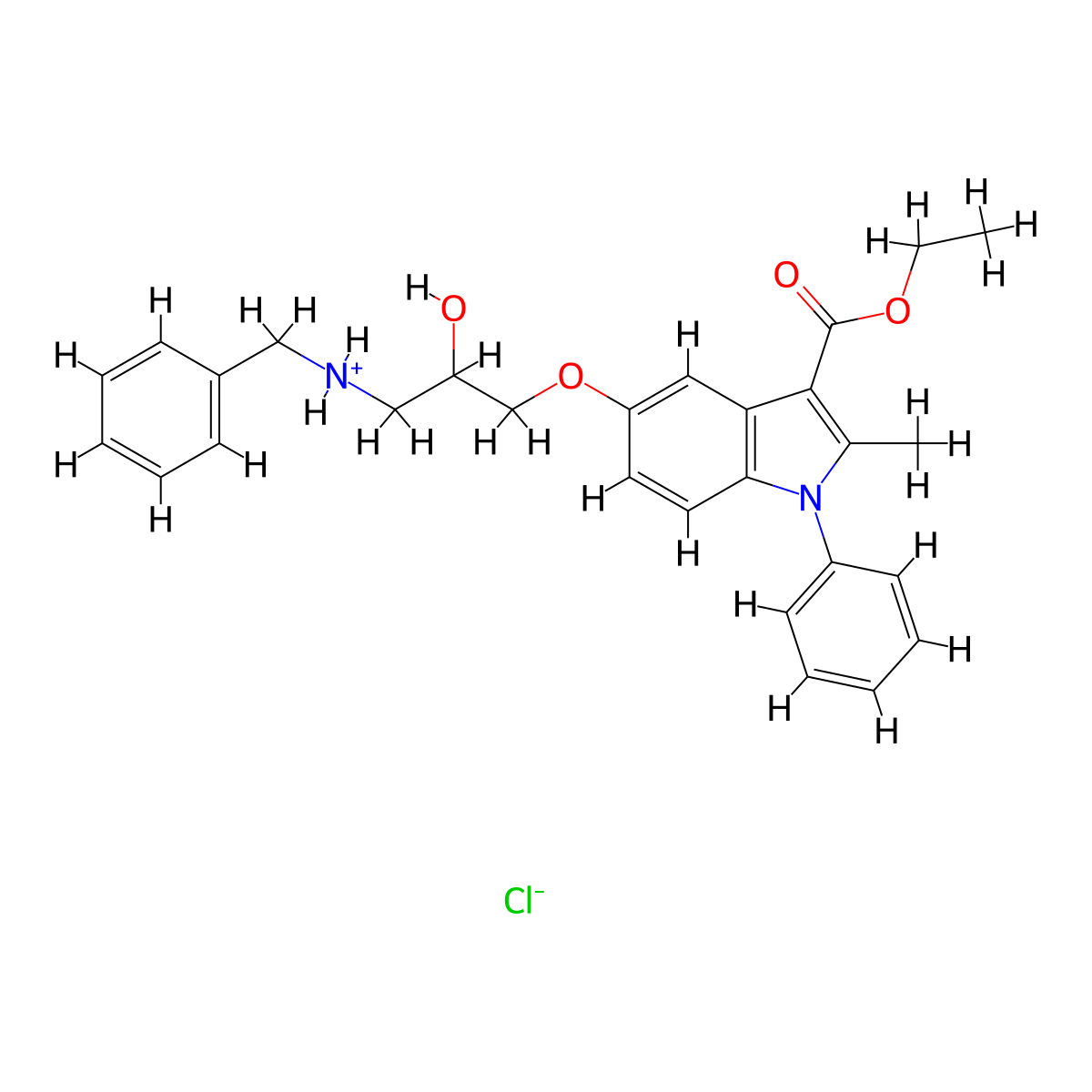 1H-Indole-3-carboxylic acid, 5-(2-hydroxy-3-(benzylamino)propoxy)-2-methyl-1-phenyl-, ethyl ester, monohydrochloride molecular structure, CAS 76410-21-4