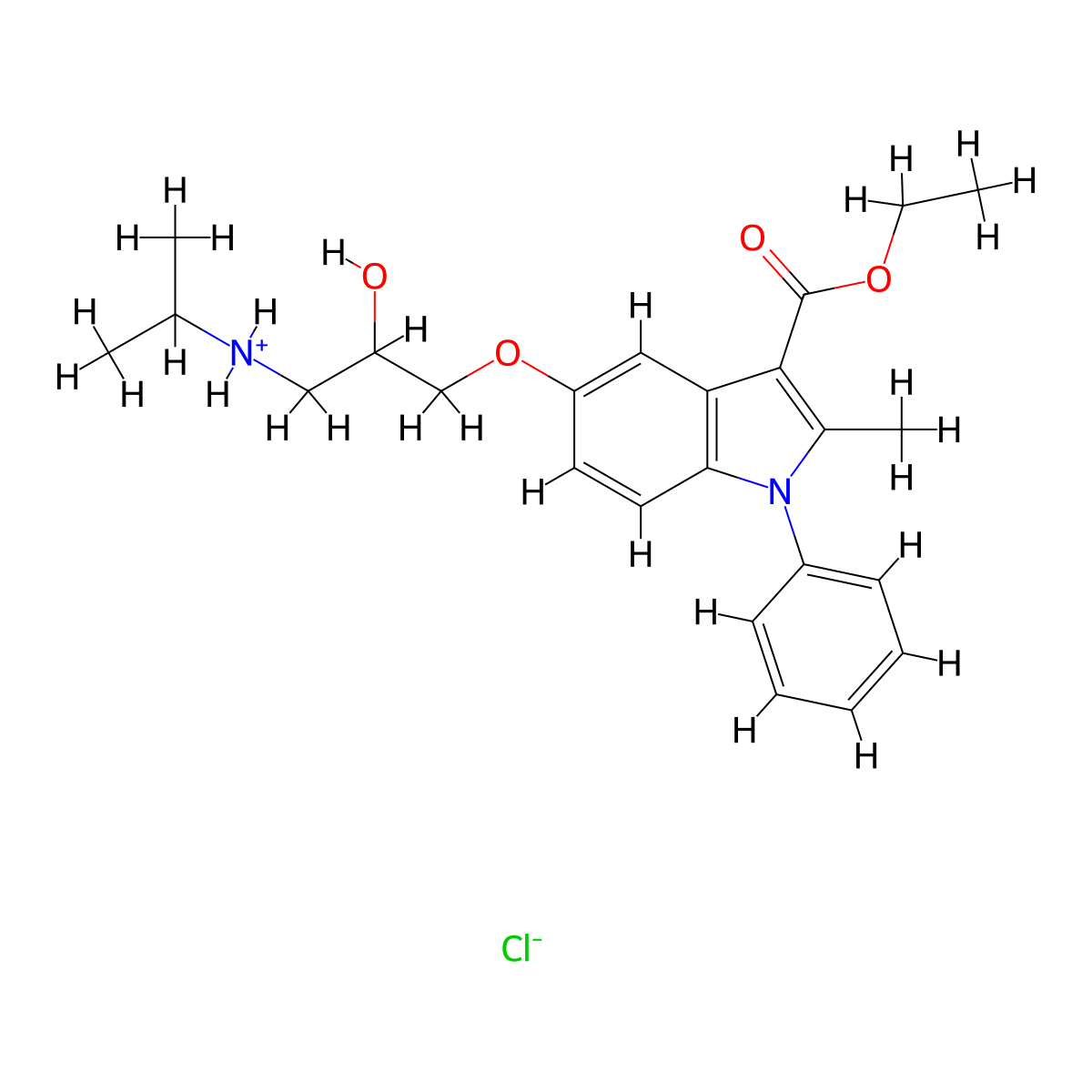 1H-Indole-3-carboxylic acid, 5-(2-hydroxy-3-(isopropylamino)propoxy)-2-methyl-1-phenyl-, ethyl ester, monohydrochloride molecular structure, CAS 76410-22-5