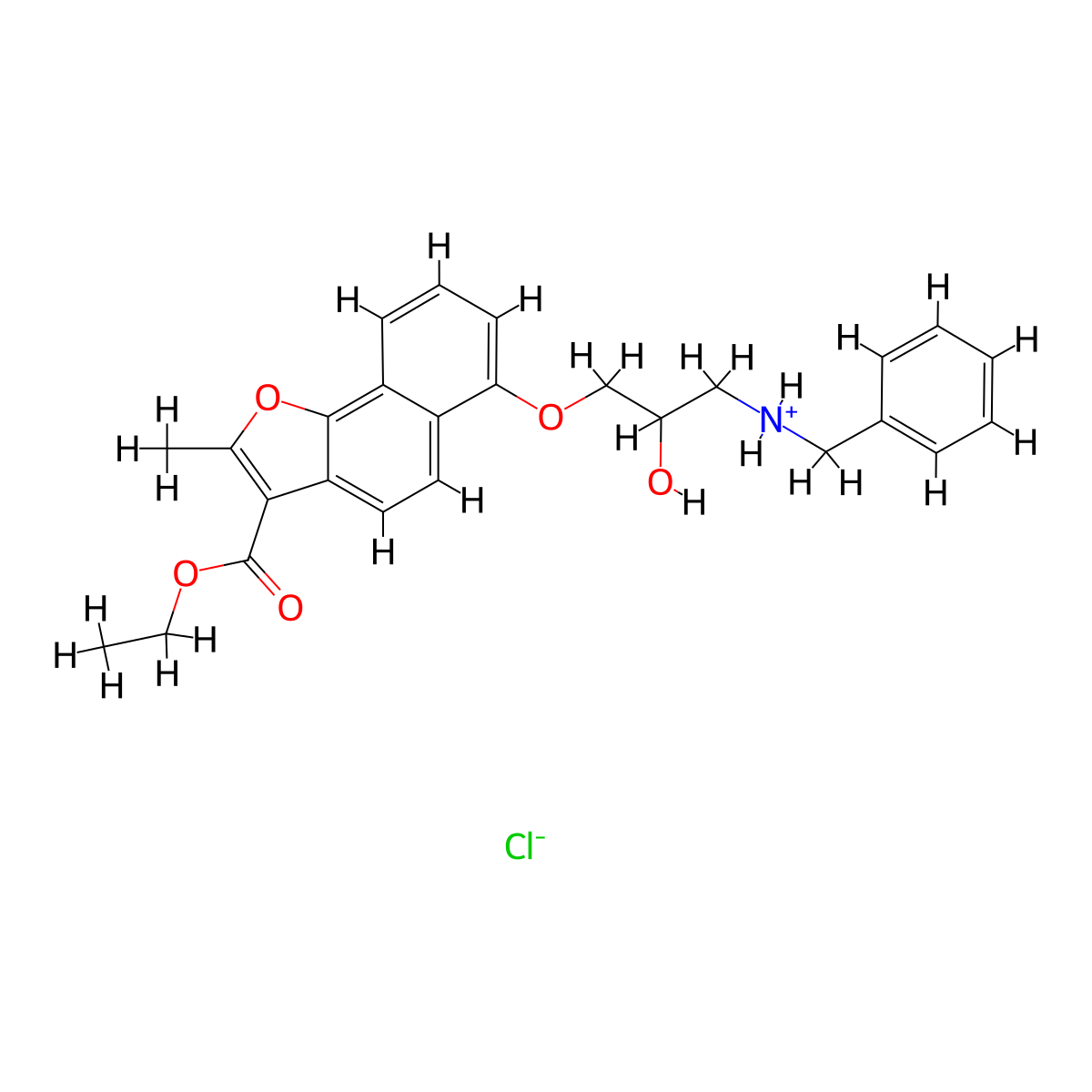 Naphtho(1,2-b)furan-3-carboxylic acid, 6-(2-hydroxy-3-(benzylamino)propoxy)-2-methyl-, ethyl ester, monohydrochloride molecular structure, CAS 76410-24-7