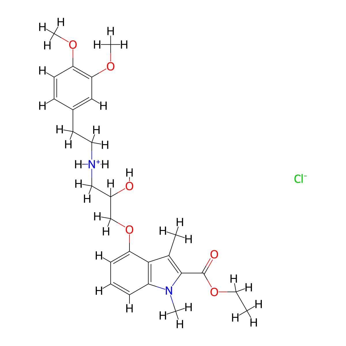 1H-Indole-2-carboxylic acid, 1,3-dimethyl-4-(3-((2-(3,4-dimethoxyphenyl)ethyl)amino)-2-hydroxypropoxy)-, ethyl ester, monohydrochloride molecular structure, CAS 76410-35-0