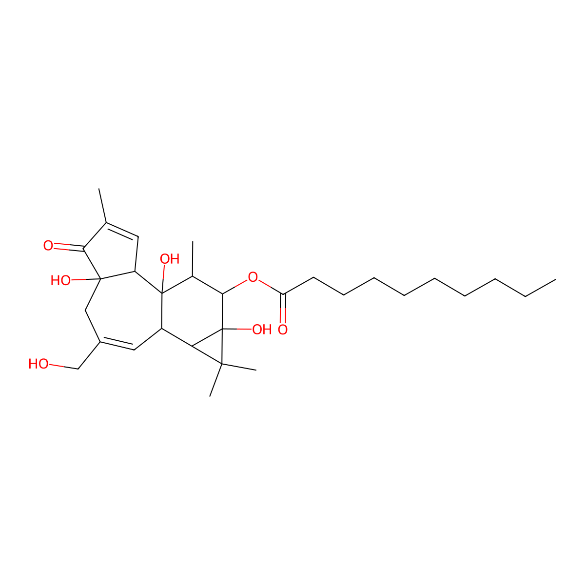 Decanoic acid, (1aR,1bS,4aR,7aS,7bR,8R,9R,9aS)-1a,1b,4,4a,5,7a,7b,8,9,9a-decahydro-4a,7b,9a-trihydroxy-3-(hydroxymethyl)-1,1,6,8-tetramethyl-5-oxo-1H-cyclopropa(3,4)benz(1,2-e)azulen-9-yl ester molecular structure, CAS 76423-68-2