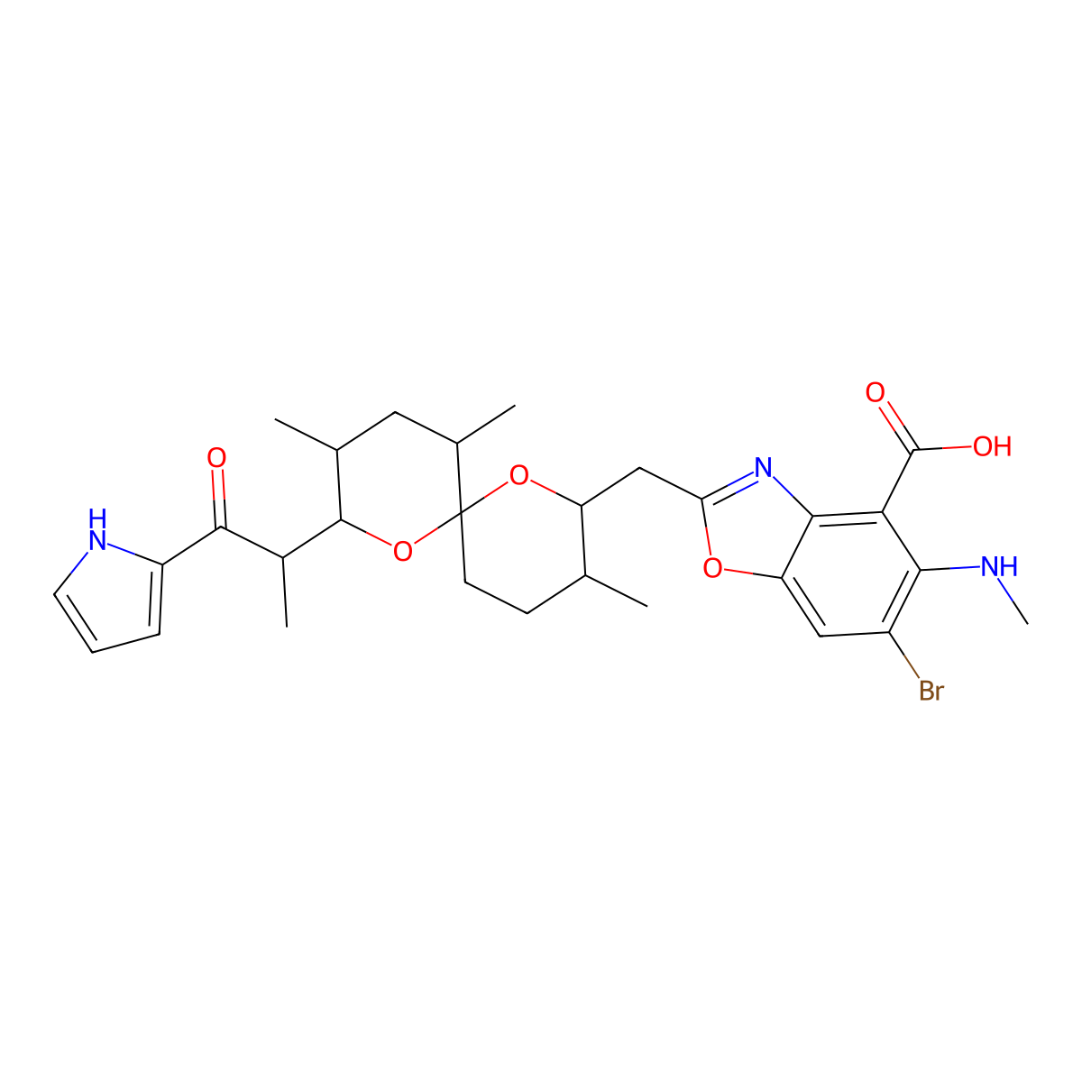 6-bromo-5-(methylamino)-2-({3,9,11-trimethyl-8-[1-oxo-1-(1H-pyrrol-2-yl)propan-2-yl]-1,7-dioxaspiro[5.5]undecan-2-yl}methyl)-1,3-benzoxazole-4-carboxylic acid molecular structure, CAS 76455-82-8